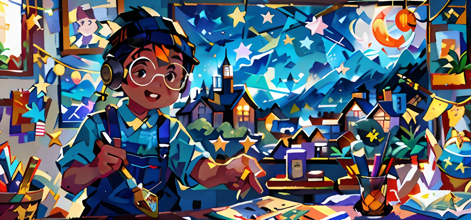 A black boy, round glasses, apron, painter, holding a brush, beanie, headphones, painting, happy, happy, perfect quality, clear focus (clutter - house: 0.8), (masterpiece: 1.2) (realistic: 1.2) (bokeh) (best quality) (detailed skin: 1.3) (intricate details) (8K) (detail eyes) (sharp focus), (happy), in the background Van Gogh's starry night, starry night painting, beautiful UHD art 4 k, Starry Night, by Van Gogh, Starry Night!!!!!!!!!!!!!!!!!!!!, painting by Van Gogh