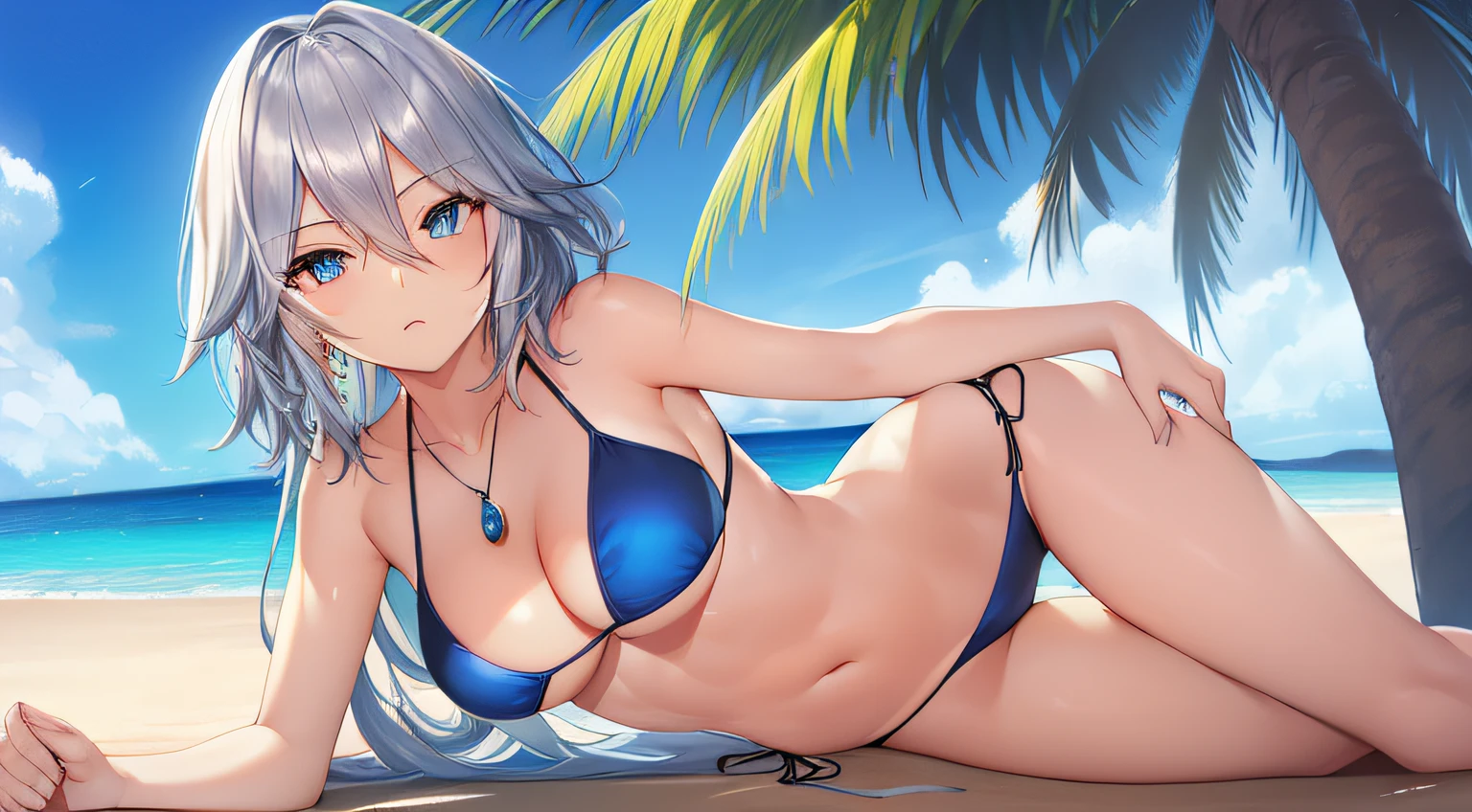((Oil Painting)), (((Medium Small Tits))), ((Beautiful body)) . A Woman, ((Sakuya Izayoi)), ((silver hair)), ((short spiky hair)), ((deep blue eyes)), ((blue bikini)), lying on the ground, ((on the beach next to a palm tree)), rounded ear, ((sapphire jewelry pendant)), sunny day, 4k quality, ((Cell Shading)), natural light, hyper detailed, highly detailed, full screen, (sharper detailed background), (hair falling on the shoulders better done), detailed eyes, detailed hair, detailed clothes, ((detailed body)), cleaner designs, (better shadow play), refined armor, shiny eyes, ((more detailed hands)), (shiny objects like jewels), firmer shapes, (detailed face), (see creases on clothes), (harmonious background), shiny hair, (in far view the more detailed eyes), (better position of arms and hands), ((more rounded eyes transparent liquid globular)), (background anime manga drawing - full screen), more pronounced colors, (more coherent clothing), (correct the features of the clothes), (arm well aligned), (better fingers), (magic effect), muscle, perspiration effect, beautiful legs, beautiful hands, (ears better done), (better eyes contour), (pretty arms), (pretty feet), (same eyes color), (see back body), (see back bikini), (lower body the right way), (pretty nose), (pretty lip), (sharper lower eyes), ((normal breasts)), (slimmer body), harmonious look, harmonious body, harmonious finish, ((Drawing anime, manga, comics: 2.0)), ((coarser line: 2.0)), ((black line: 2.0)), ((color: 2.0)), ((own: 2.0)), ((colors contrast: 2.0)), ((black outline: 2.0)), (( black outline: 2.0)), ((adjusted colors contrast: 2.0)), ((shadow play: 2.0)), ((Beautiful Manga Eyes: 2.0)),