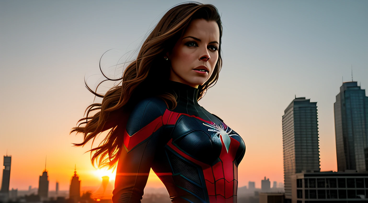 Kate Beckinsale in detailed white Spider-Man costume, photo of sassy woman with angry look, large breasts, superhero pose, standing in ruined city at sunset, hyperdetailed, smoke, sparks, sunlight, (8k), realistic, symmetrical, award winning, cinematic lightning, soaked, film, 75mm, scratches, full body shot, close-up, torn and dirty clothes, detailed face,