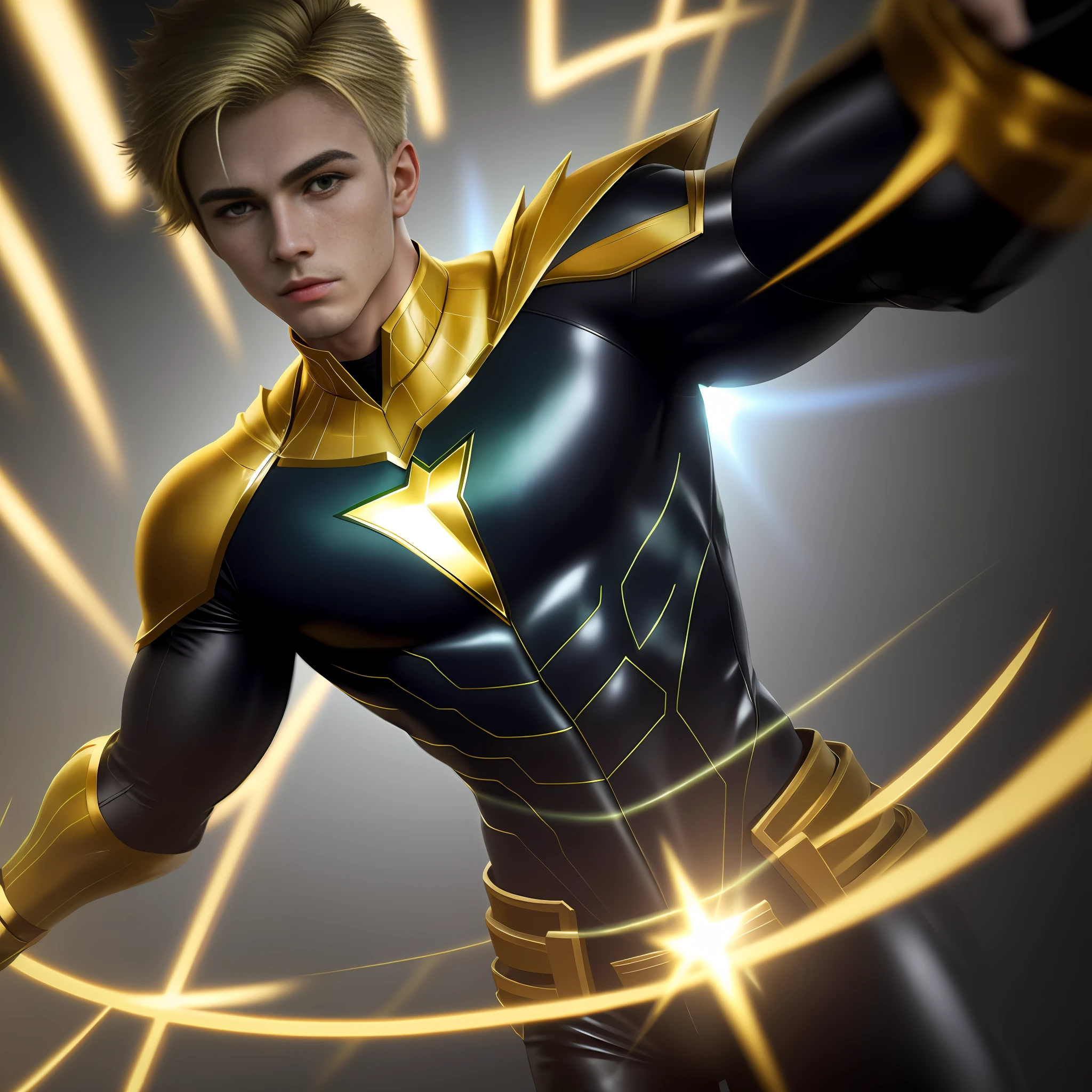 A young man, totally blonde hair, totally light green eyes, ultra realistic wearing an all-green gold and black superhero costume super realistic 3d, crisp skin showing pores, 8k
