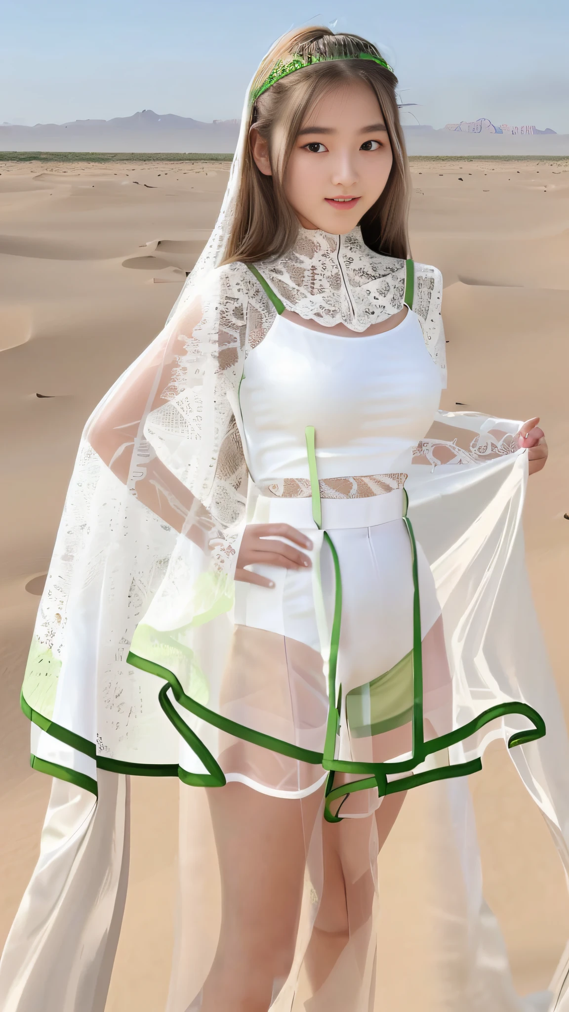 a 15 years old girl,standing on a desert sand,(wear transparent white green sexy lace),long hair,beautiful skin,UHD,8K,beautiful face