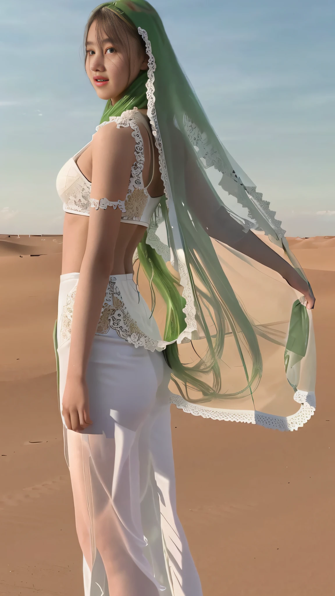 a girl,standing on a desert sand,(wear transparent white green sexy lace),long hair,beautiful skin,UHD,8K,beautiful face