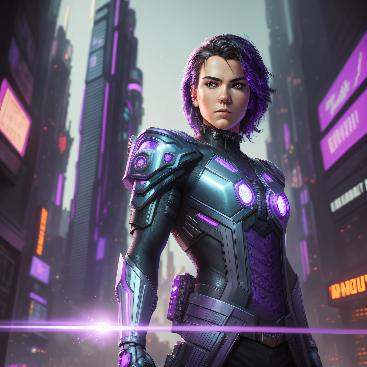 Handsome man, anti hero wearing black and purple uniform, laser katana sword in hand, white skin, portrait, Jeff Bridges, ((cartoon style)), Marvel Cinematic Universe style, (((cyberpunk city in the background))), soft bokeh of futuristic city, Atey Ghailan, Jeremy Mann, Greg Manchess, Antonio Moro, trend in ArtStation, trend in CGSociety, Intricate, High Detail, Sharp Focus, dramatic and photorealistic painting art by Midjourney and Greg Rutkowski, bokeh in the background