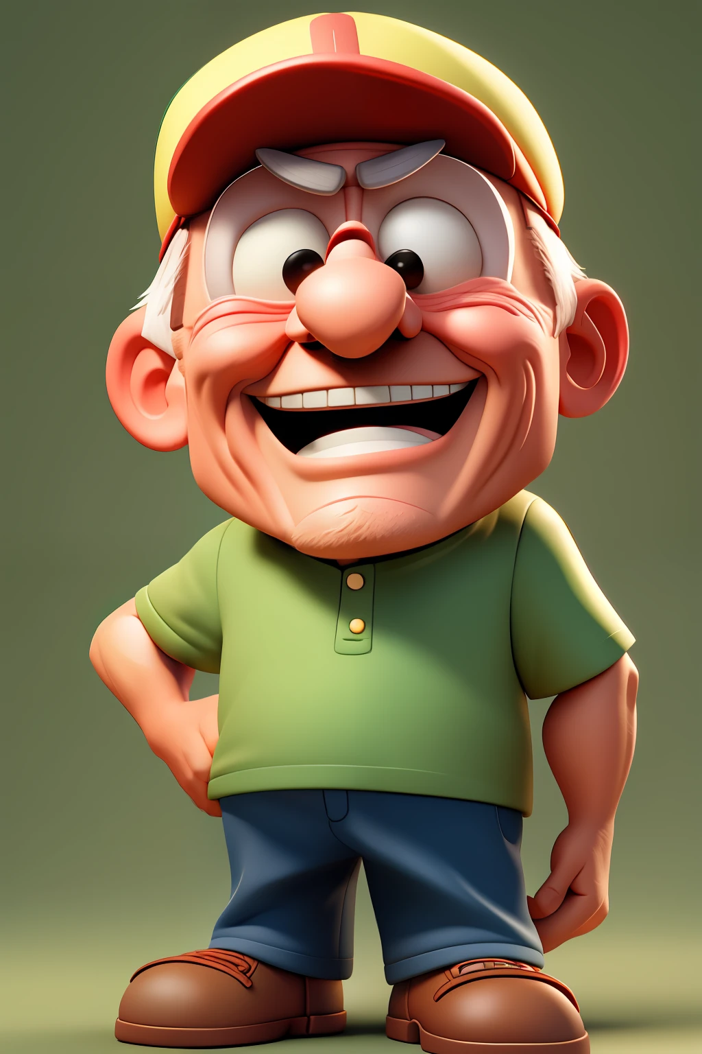 A happy grandpa, portrait, wearing cap, no background, cartoon, pixar style, 3d, looking at the camera, cartoons, detailed face, asymmetrical, upper body
