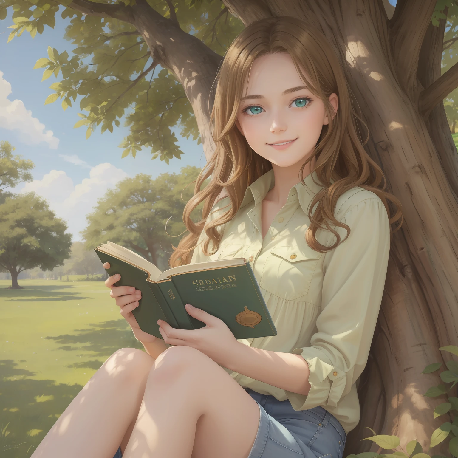 masterpiece, best quality, ultra-detailed), portrait of an 18-year-old woman with light brown hair, curled green eyes, beige blouse and blue jeans smiling blue shorts sung from under a tree (leaning against the tree) and reading a brown book -auto utra realistic -- --auto --s2