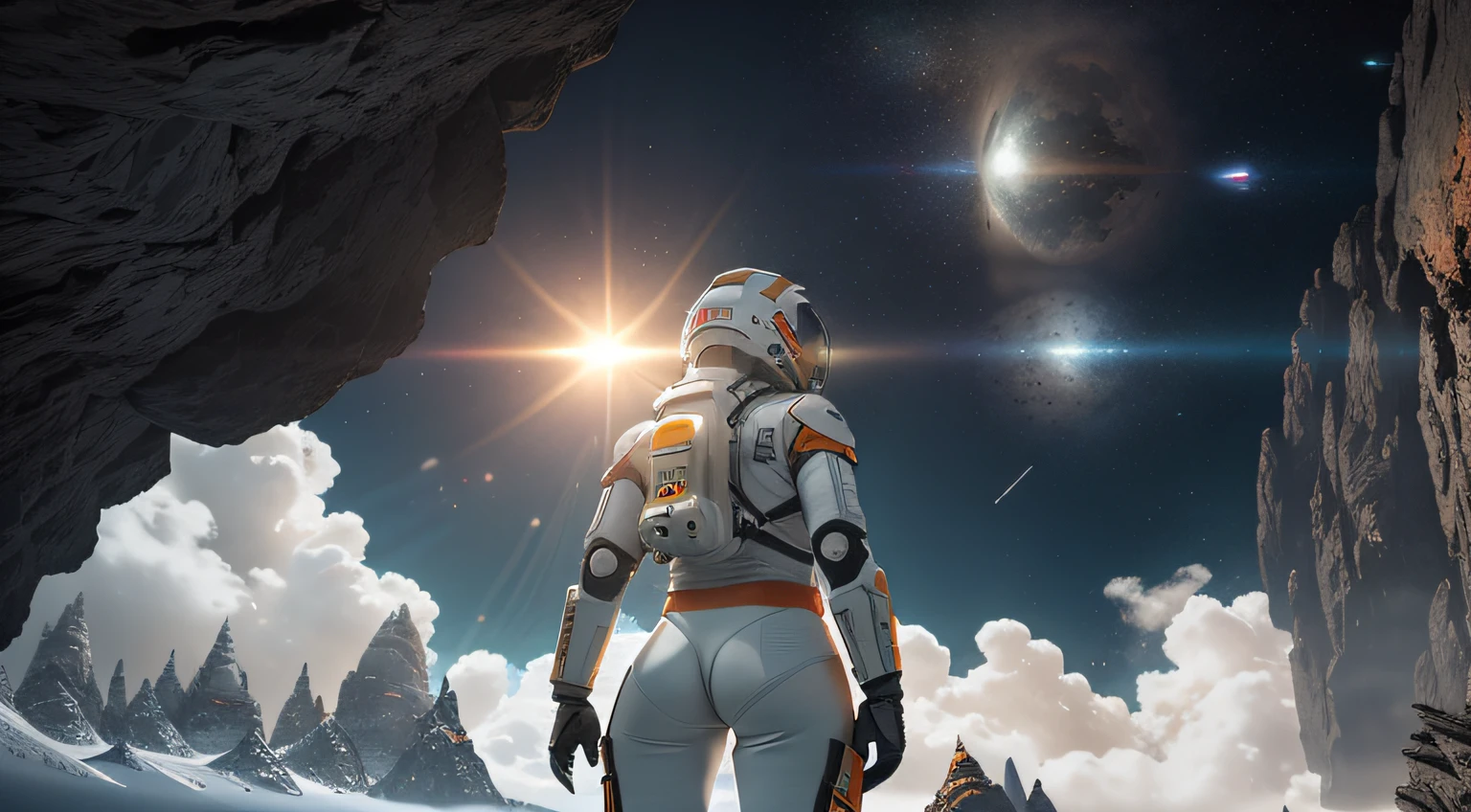 rear angle, Highly detailed RAW color Photo, Rear Angle, Full Body, of (female space soldier, wearing orange and white space suit, helmet, tined face shield, rebreather, accentuated booty), outdoors, (looking up at advanced alien structure, on alien planet), toned body, big butt, (sci-fi), (mountains:1.1), (lush green vegetation), (two moons in sky:0.8), (highly detailed, hyperdetailed, intricate), ((DAY TIME)), (lens flare:0.7), (bloom:0.7), particle effects, raytracing, cinematic lighting, shallow depth of field, photographed on a Sony a9 II, 50mm wide angle lens, sharp focus, cinematic film still from Gravity 2013, from behind