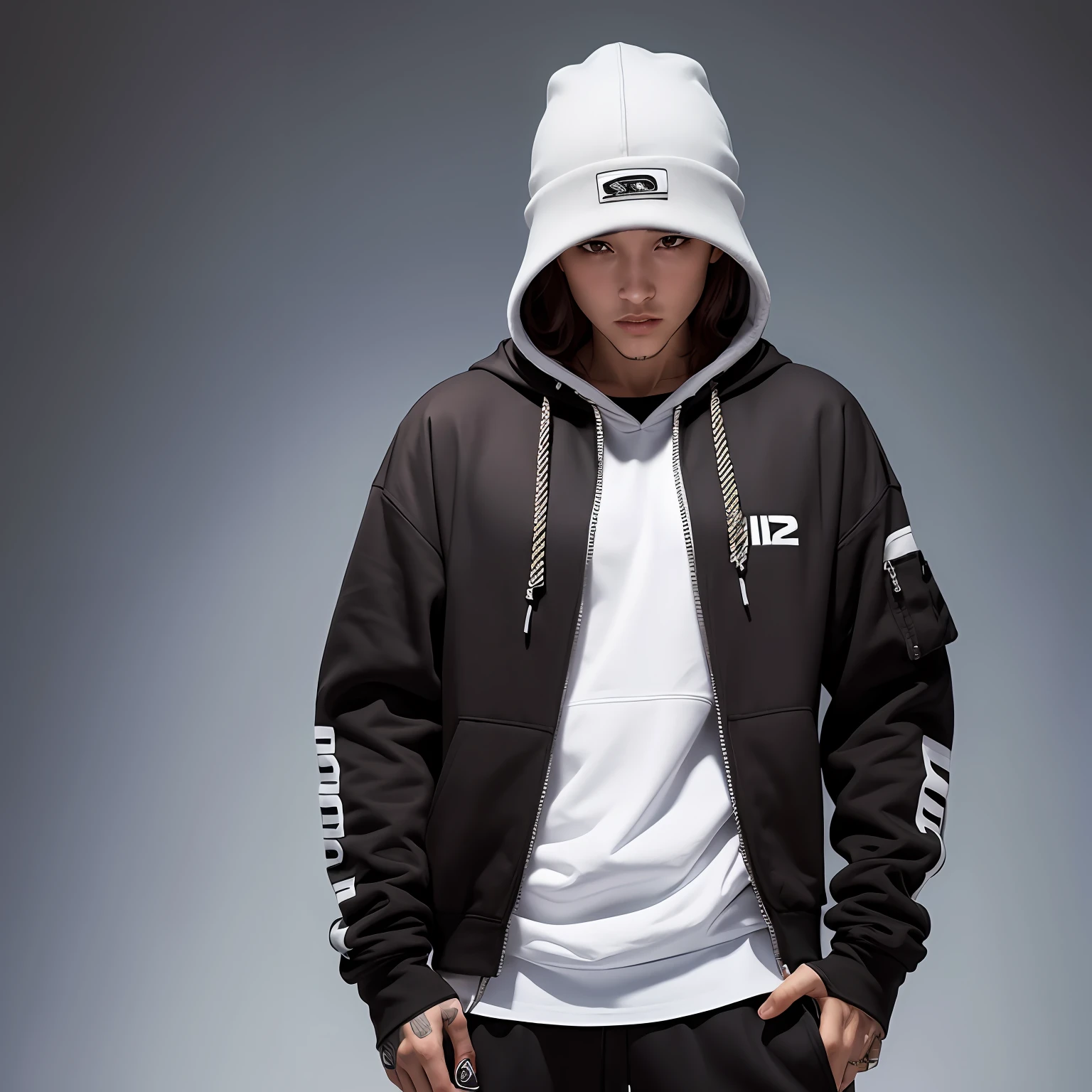 "(ultra-realistic streetwear:1.2),(hooded blouse),(wool cap),(full body:high quality, high resolution),(23 years)" --auto --s2