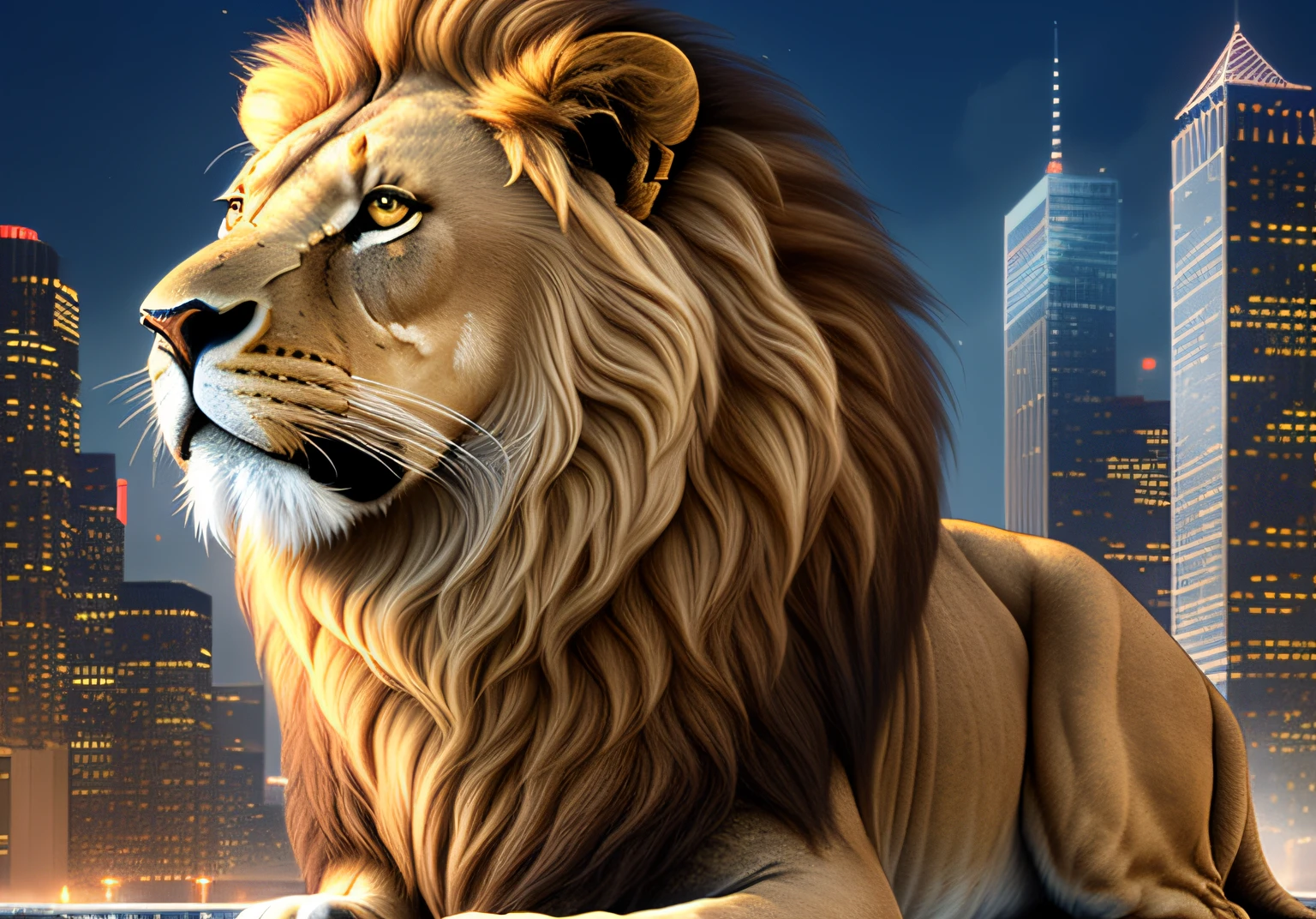 The lion is a magnificent creature, imposing and majestic in its appearance. Its body is giant, muscular and slender, with golden hair that glows in a realistic texture. The lion's mane is in the wind, adding a touch of dynamics and movement to his figure. In the background, a futuristic fantasy world stretches into the distance, with impressive buildings and architectural structures. The lights shine brightly in the city, creating a dazzling contrast to the golden coat of the lion. The futuristic world is detailed and realistic, with maximum quality in every pixel. The lion is in profile, staring at the horizon with a fierce and determined gaze. Their paws are strong and muscular, ready to attack or defend their territory. His mouth is half-open, revealing sharp teeth and a deafening roar that echoes throughout the futuristic city. Despite its fierce appearance, the lion is not an aggressive creature by nature. He is noble and loyal, protecting his band with fierce determination. His presence is imposing and respected, representing courage, nobility and wisdom. The futuristic world in the background adds a touch of mystery and wonder to the image. The city is a marvel of technology and design, with impressive architectural structures and bright lights that create a fantastic environment. It's a world that's both intriguing and inspiring. The image is of high quality, with an attention to detail that is impressive. Every lion's fur is sharp, and every building and structure in the city is detailed and realistic. The image is a masterpiece of digital art, displaying the beauty and majesty of the natural world and the creative world of the human imagination.