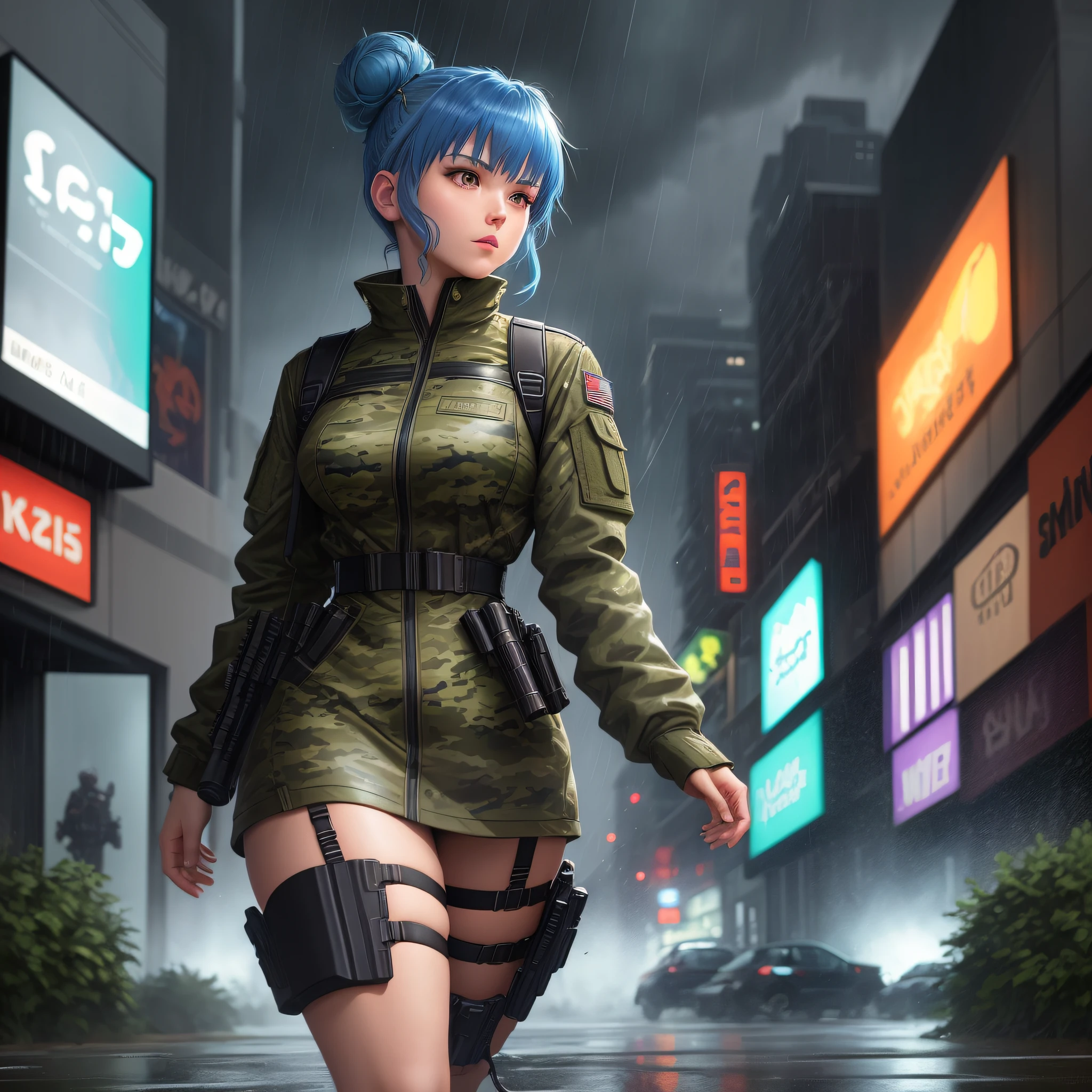 Character: Leona Heider from The King of Fighters game Hair color: Blue Hairstyle: Bun with bangs Clothing: Military uniform with green and black camouflage Personality: Determined, confident, and protective Weapon: 9mm caliber pistol Environment: Urban area with busy streets and tall buildings in the background Lighting: Bright neon lights reflecting off the character's clothing and hair Illustration style: Conceptual art with loose brushstrokes and bold colors in impressionist style Special effect: Rain falling around the character, creating a dramatic and intense atmosphere