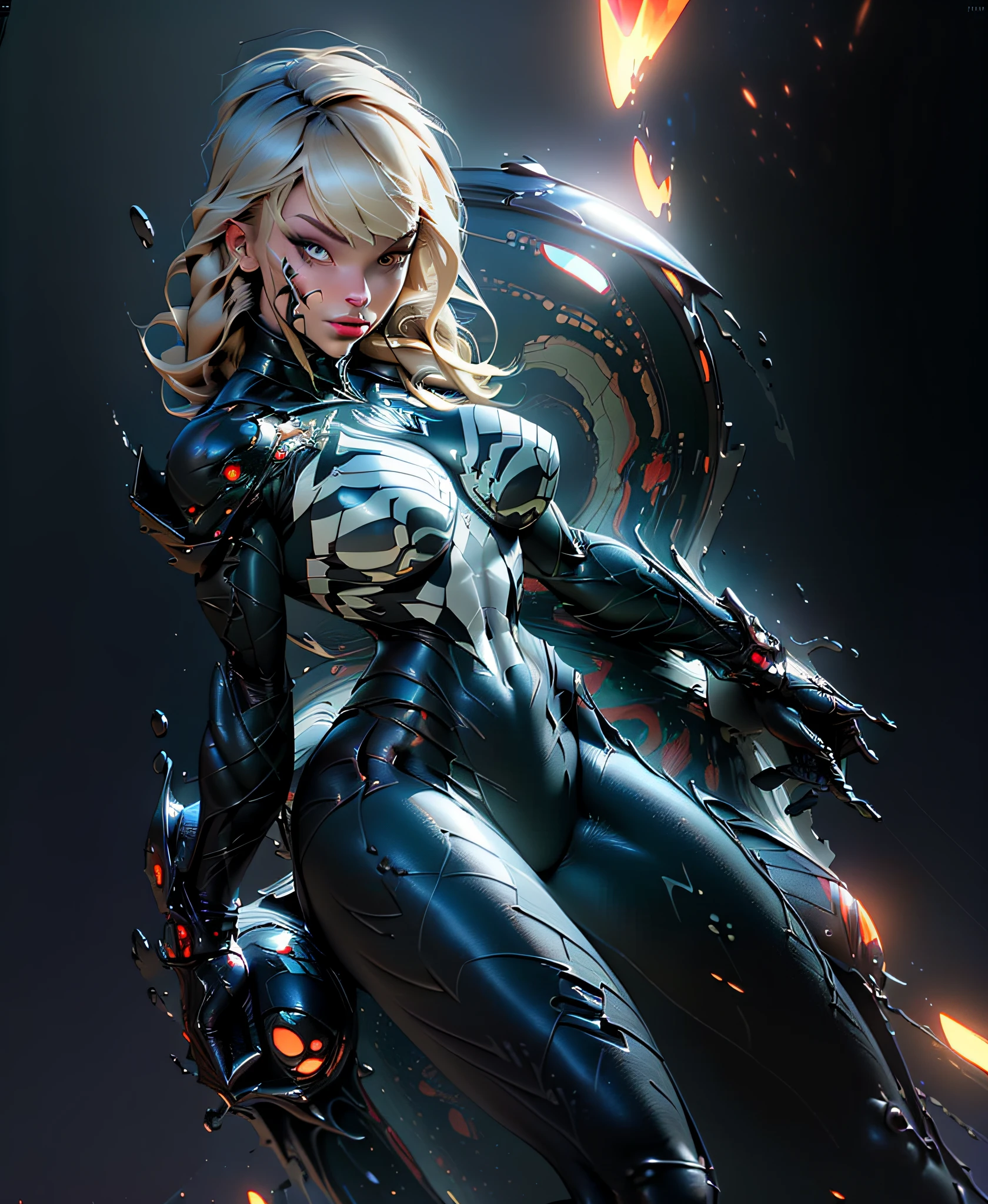 ((Best quality)), ((masterpiece)), (detailed: 1.4), full body woman fitness defined, half thick naked thighs, muscular body parts covered by black, red sticky clothing and symbiote fathom, spawn, ((large breasts)), (((clothing and white)), full body, pastel, long blonde hair with a bangs covering one eye, short underwear, garter belt, by mucha, niji, close to real,  best quality, almost naked, psychopathic, crazy face, action pose, sexy pose, starry night background with big nebula in the sky, pointed shoulder pads, red eyes without pupils, HDR (High Dynamic Range),Ray Tracing, NVIDIA RTX,Super-Resolution,Unreal 5,Subsurface dispersion, PBR texture, Post-processing, Anisotropic filtering, Depth of field, Maximum clarity and sharpness, Multilayer textures, Albedo and specular maps,  Surface Shading, Accurate Simulation of Light-Material Interaction, Perfect Proportions, Octane Render, Two-Tone Lighting, Wide Aperture, Low ISO, White Balance, Rule of Thirds, 8K RAW, Crysisnanosuit