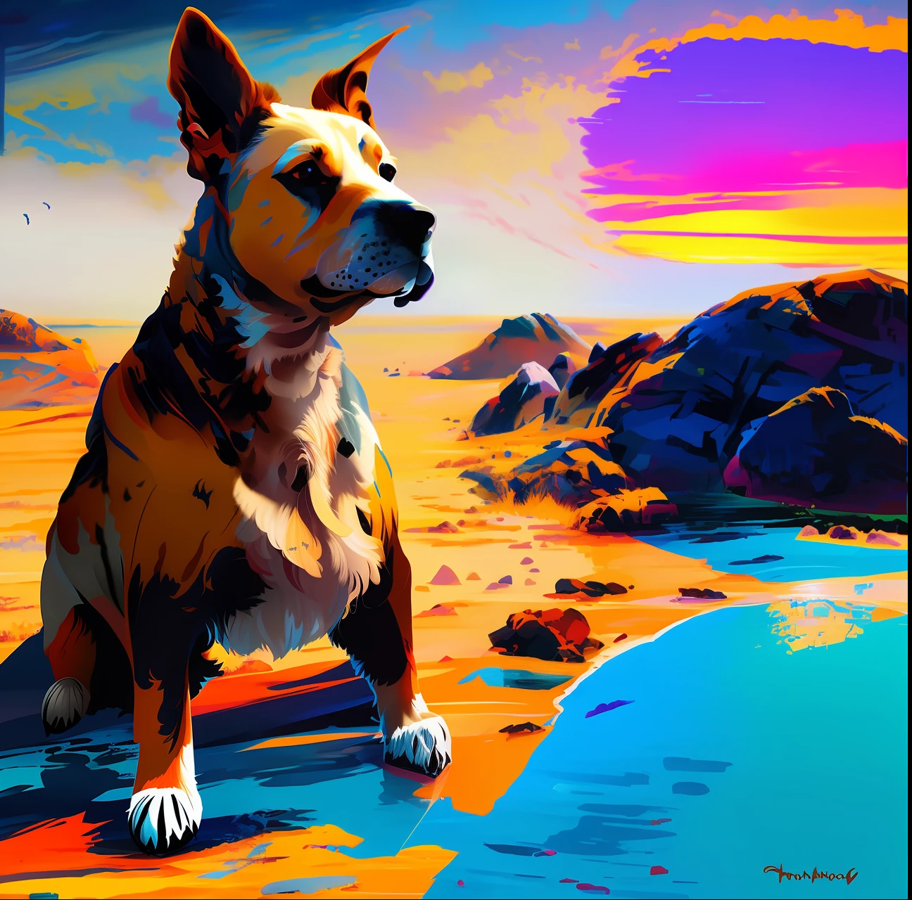 painting of a dog sitting on a beach with a sky background, inspired by Albert Namatjira, chris moore”, by Hamish MacDonald, artist - phil moss, by Jason Benjamin, ralph horsley vivid color, painting of cute dog, by Lee Loughridge, aussie, amazing, by Trevor Brown, syd mead 3/4 closeup portrait, acrylic art