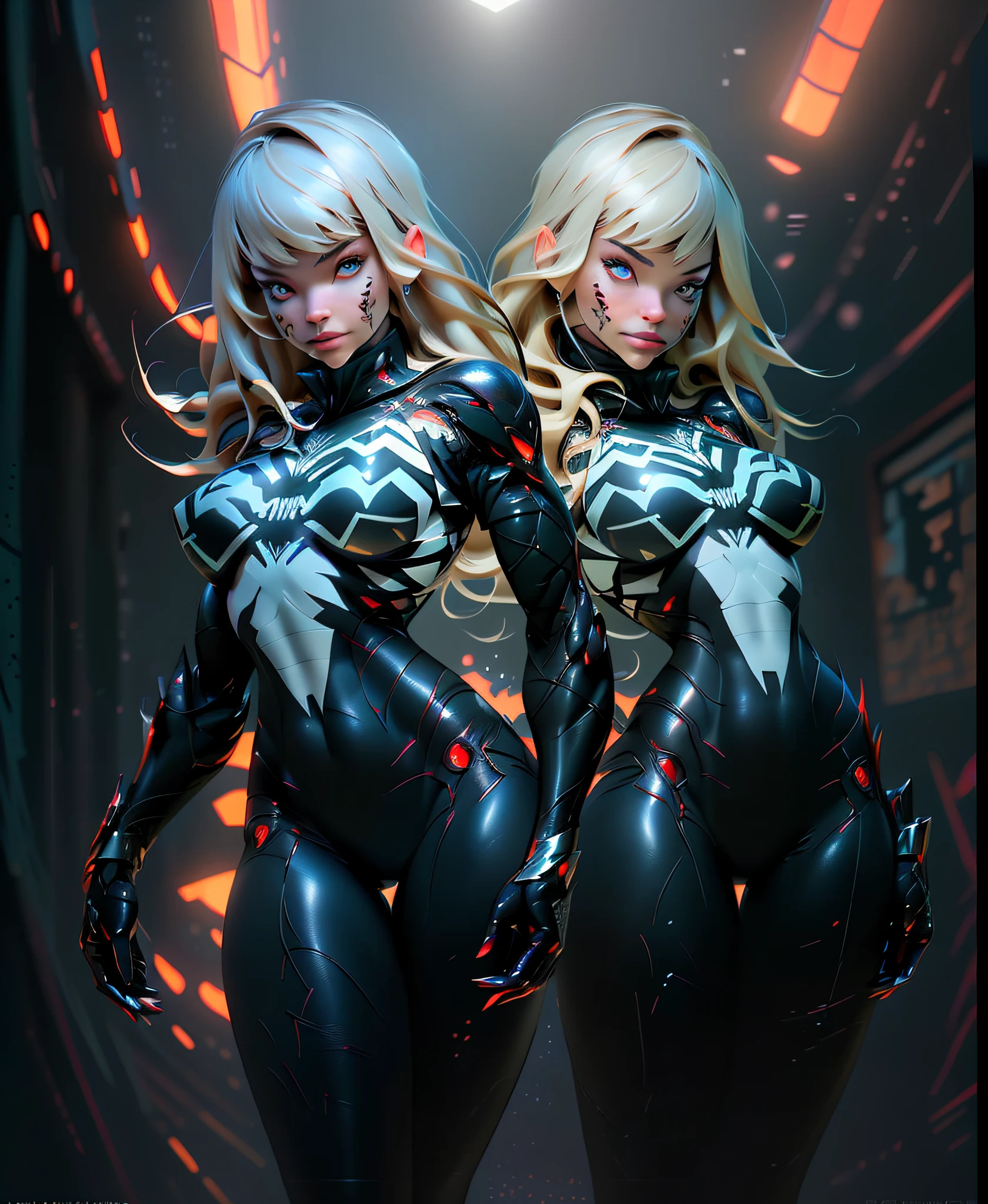 ((Best quality)), ((masterpiece)), (detailed: 1.4), full body woman fitness defined, half thick naked thighs, muscular body parts covered by black, red sticky clothing and symbiote fathom, spawn, ((large breasts)), (((clothing and white)), full body, pastel, long blonde hair with a bangs covering one eye, short underwear, garter belt, by mucha, niji, close to real, best quality, almost naked, psychopathic, crazy face, action pose, sexy pose, starry night background with big nebula in the sky, pointed shoulder pads, red eyes without pupils, HDR (High Dynamic Range),Ray Tracing, NVIDIA RTX,Super-Resolution,Unreal 5,Subsurface dispersion, PBR texture, Post-processing, Anisotropic filtering, Depth of field, Maximum clarity and sharpness, Multilayer textures, Albedo and specular maps, Surface Shading, Accurate Simulation of Light-Material Interaction, Perfect Proportions, Octane Render, Two-Tone Lighting, Wide Aperture, Low ISO, White Balance, Rule of Thirds, 8K RAW, Crysisnanosuit