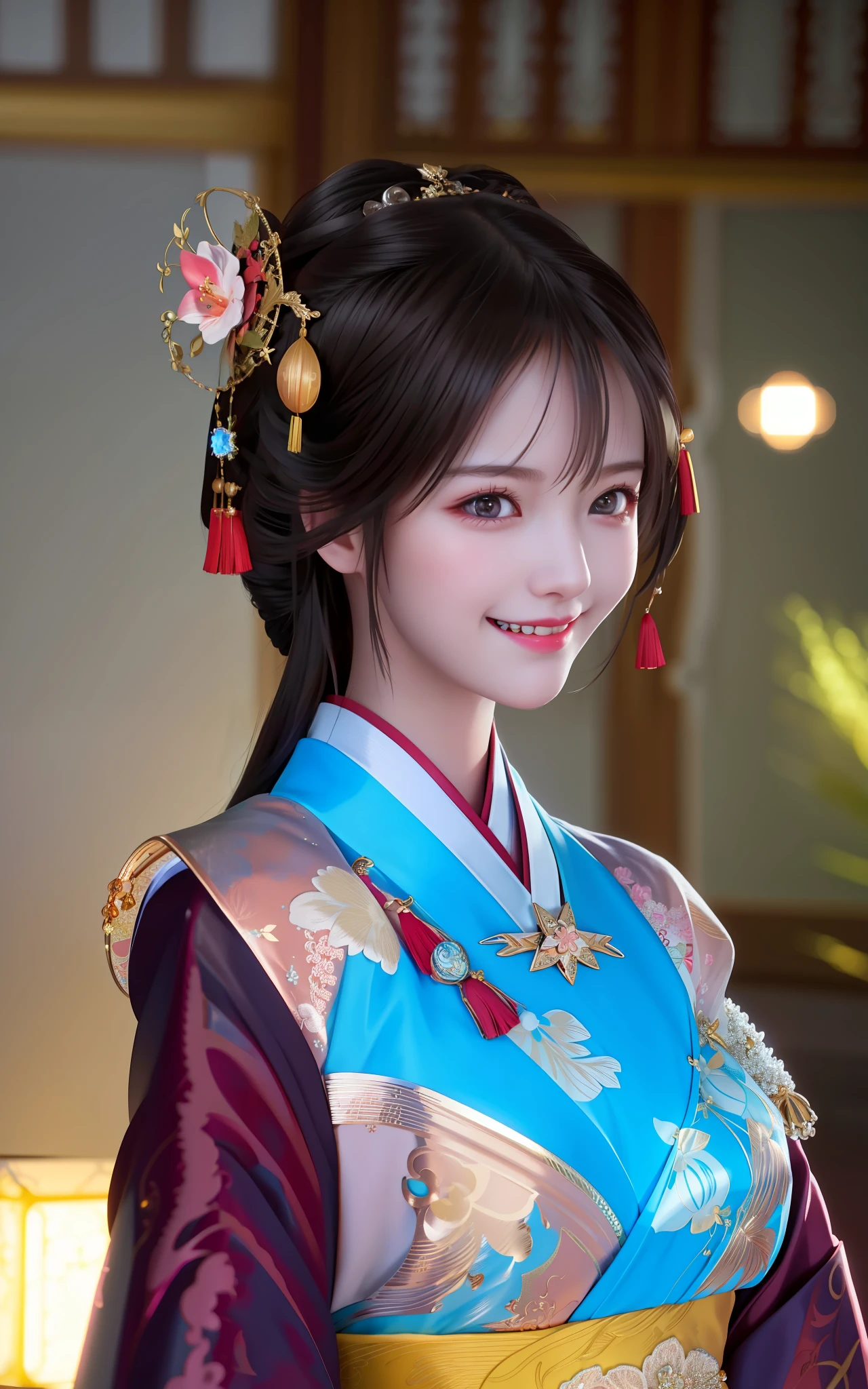 best quality, masterpiece, highres, 1girl,blush,(seductive smile:0.8),star-shaped pupils,china hanfu,hair ornament,necklace, jewelry,Beautiful face,upon_body, tyndall effect,photorealistic, dark studio, rim lighting, two tone lighting,(high detailed skin:1.2), 8k uhd, dslr, soft lighting, high quality, volumetric lighting, candid, Photograph, high resolution, 4k, 8k, Bokeh