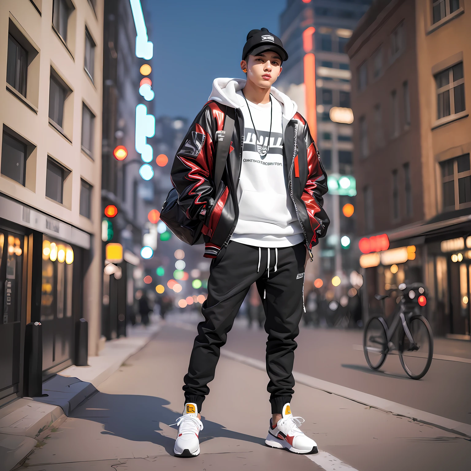 "(23-year-old young man in high quality and resolution, full body) wearing an ultra-realistic streetwear:1.2 with a hooded blouse and a wool cap."