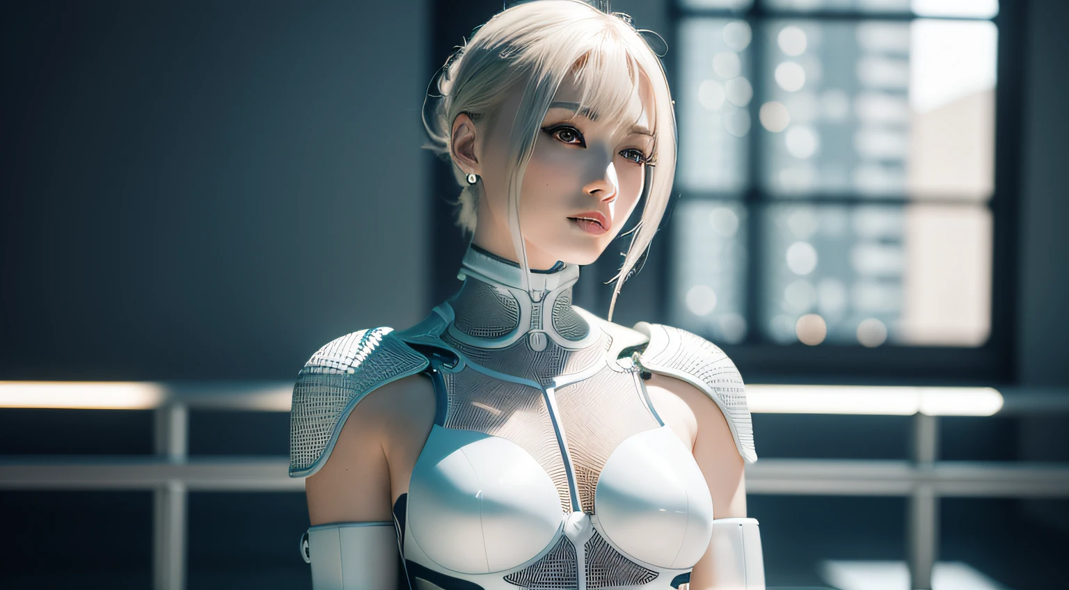 complex 3d render ultra detailed of a beautiful woman android face, cyborg, robotic parts, black metal mesh skin, worn white painted steel skin, 150 mm lens, beautiful studio soft light, rim light, vibrant details, luxurious cyberpunk, lace, hyperrealistic, anatomical, facial muscles, cable electric wires, microchip, elegant, beautiful background, best quality, masterpiece, an extremely delicate and beautiful, extremely detailed ,CG, unity, wallpaper, (realistic, photo-realistic:1.37), amazing, fine detail, masterpiece,best quality,official art, extremely detailed CG unity wallpaper, robot, full body, sitting