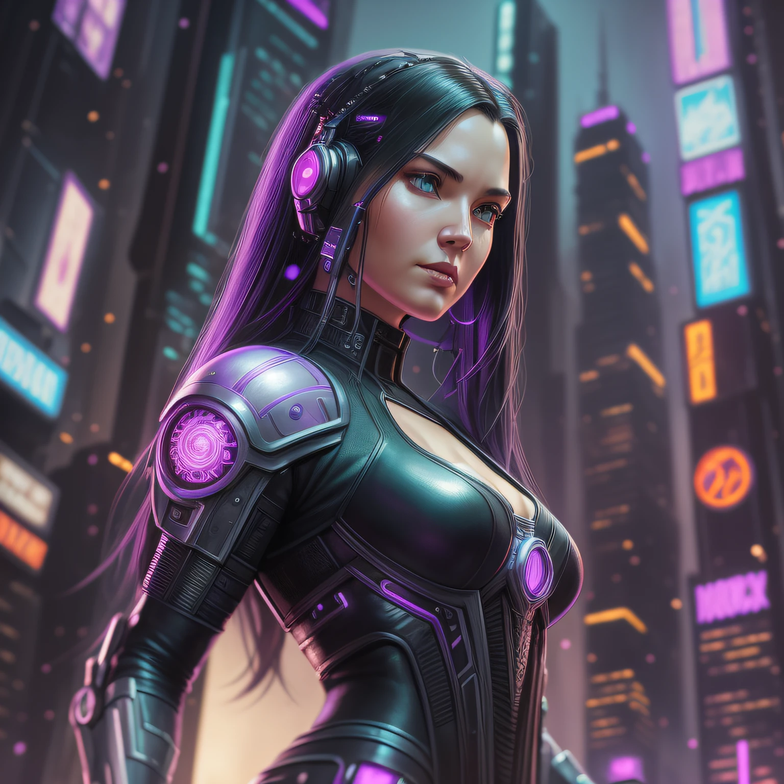 Beautiful woman, anti hero wearing black and purple uniform, laser katana sword in hand, white skin, long black hair, portrait, Jeff Bridges, ((cartoon style)), Marvel Cinematic Universe style, (((cyberpunk city in the background))), soft bokeh of futuristic city, Atey Ghailan, Jeremy Mann, Greg Manchess, Antonio Moro, trend in ArtStation, trend in CGSociety, Intricate, High Detail,  Sharp focus, dramatic and photorealistic painting art by Midjourney and Greg Rutkowski, bokeh in the background