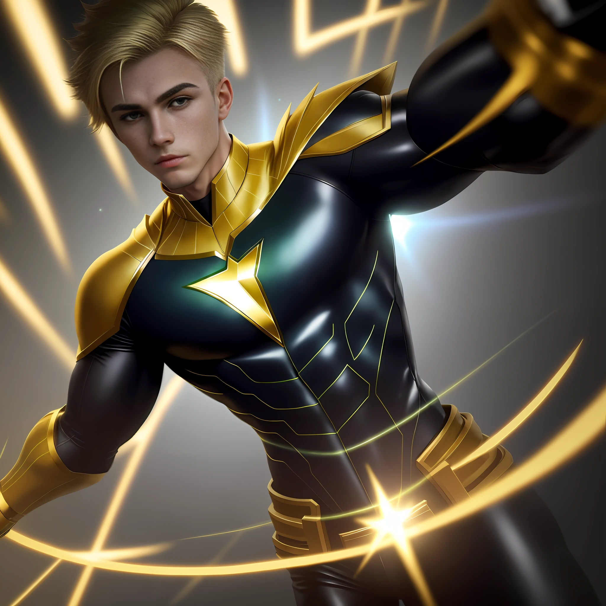 A young man, totally blonde hair, totally light green eyes, ultra realistic wearing an all-green superhero costume with gold less black on the arms super realistic 3d, crisp skin showing pores, 8k