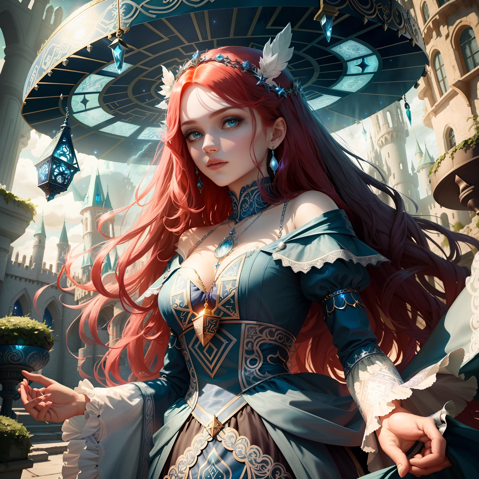 Aurora has long red hair, eyes bright like stars, and pale skin like the moon. She wears an elaborate dress in shades of blue and silver, with lace details and embroidery. He wears a necklace with a key pendant and has magical tattoos on his hands. Powers: Aurora has the ability to shape and create dreamlike realities. It can manipulate dreams and nightmares, creating surreal worlds and altering people's perceptions. It is also able to project powerful illusions and control the imagination. Setting: Aurora lives in a mystical realm called Oneiros, where dreams are as real as the physical world. The kingdom is made up of surreal landscapes, fantastic creatures and floating cities. Aurora resides in an enchanted castle in the center of Oneiros, surrounded by magical gardens and endless labyrinths.