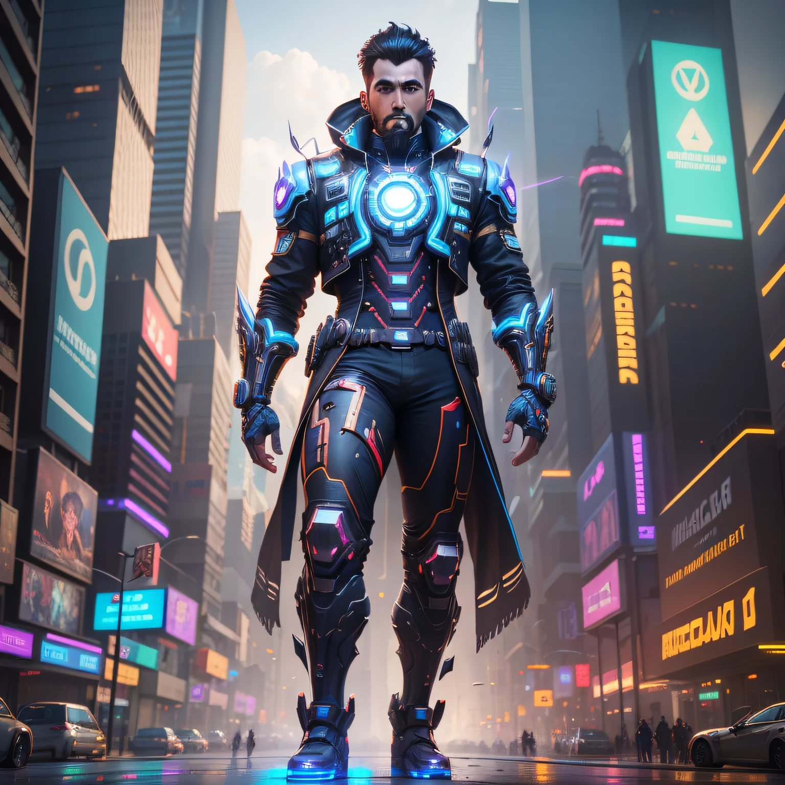 arafed image of a man in a futuristic outfit standing in a city, full portrait of electromancer, wojtek fus, 3 d render beeple, ornate cyberpunk robes, trending on artstation 4k, cyberpunk hero, cyberpunk iron man, style hybrid mix of beeple, cinematic beeple, 8 k high detail concept art