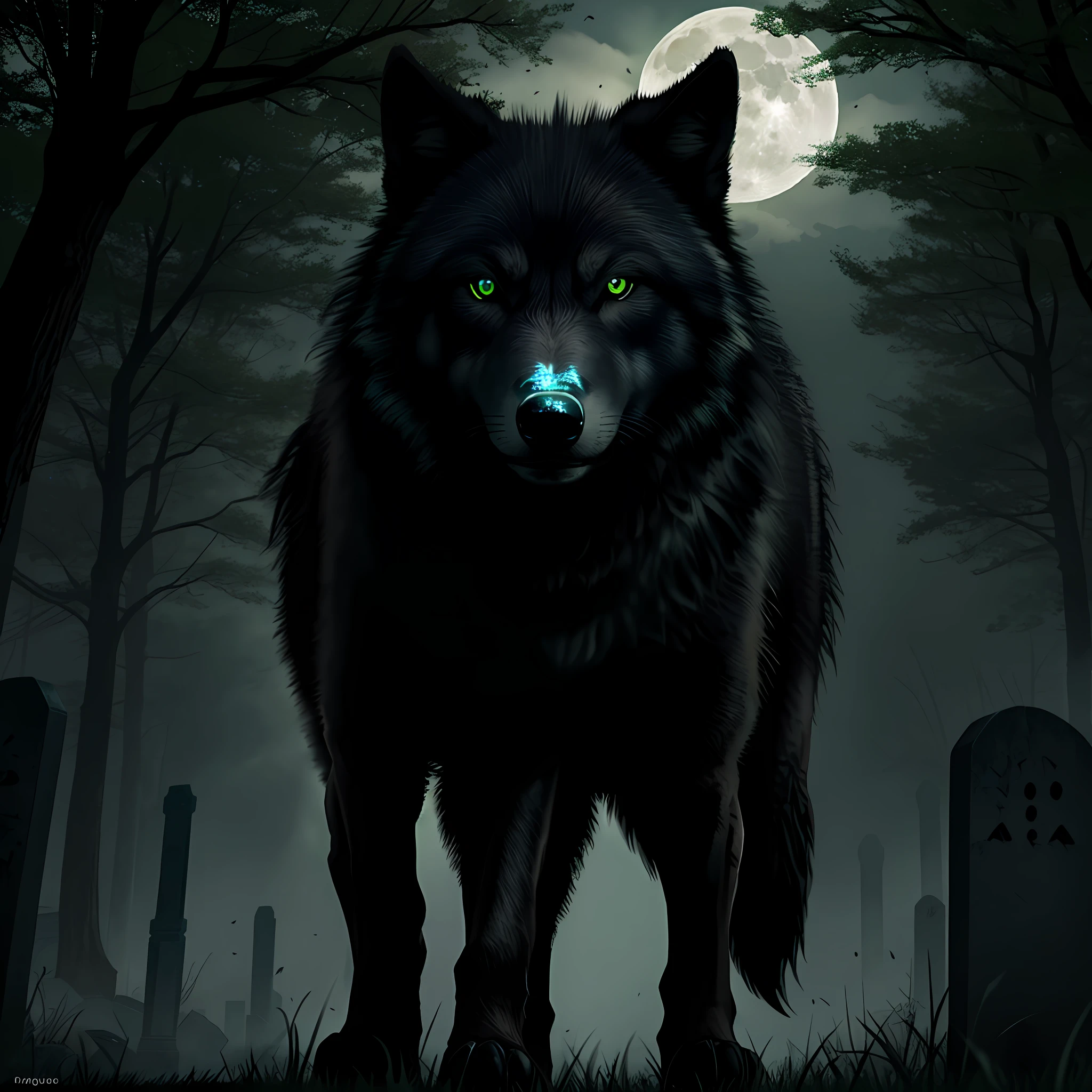 Black, wolf, green glowing eyes, walking in the graveyard, surrounded by mist, at night, full moon, solo, cowboy shot, masterpiece