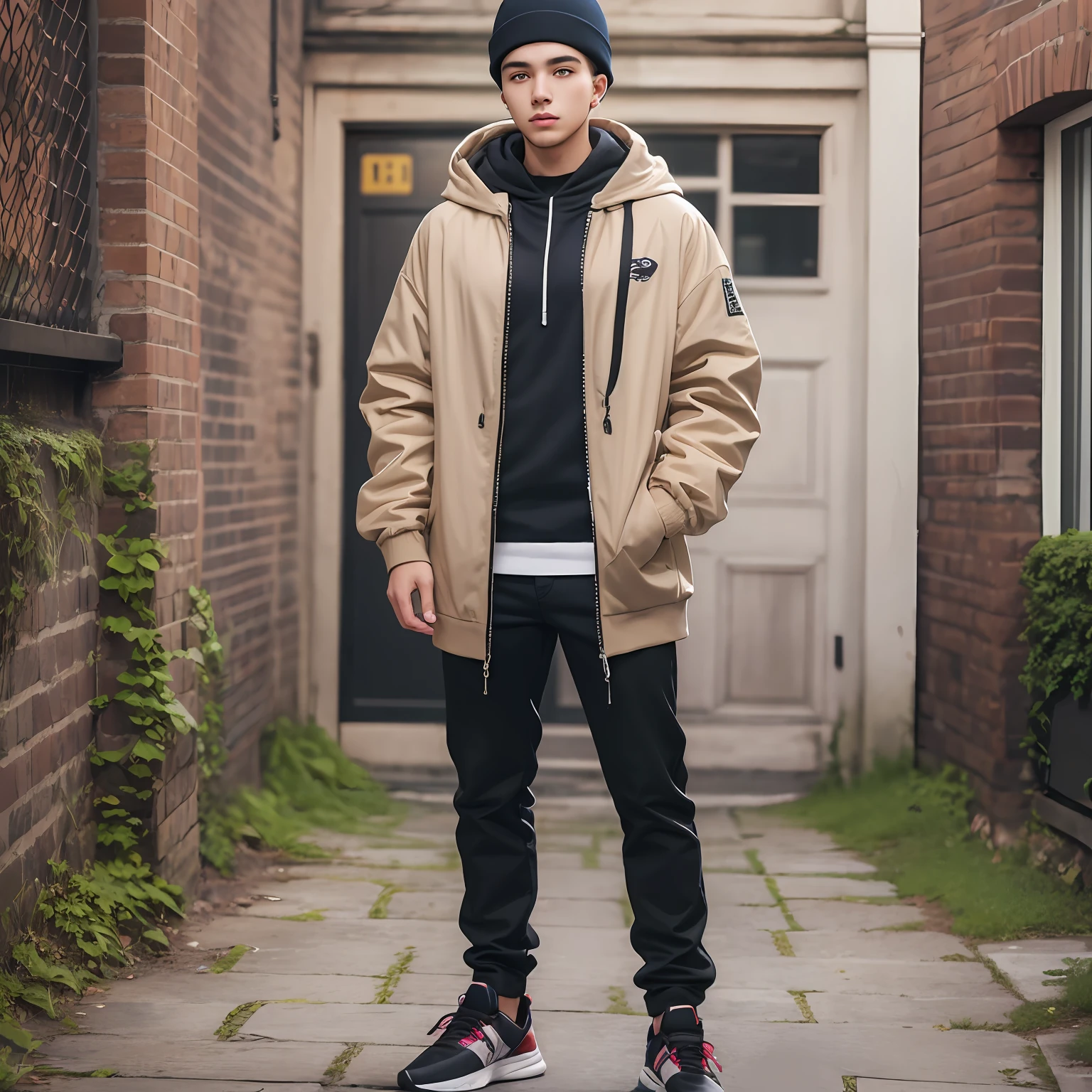 "(23-year-old young man in high quality and resolution, full body) wearing an ultra-realistic streetwear:1.2 with a hooded blouse and a wool cap."