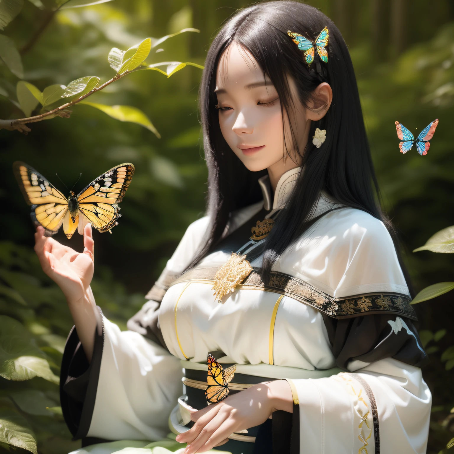 Realistically made, woman with black hair, detailed skin, white skin, meditating in a forest, with servants and butterflies around her, cheerful environment with lighting of light tones, tone of tranquility and peace