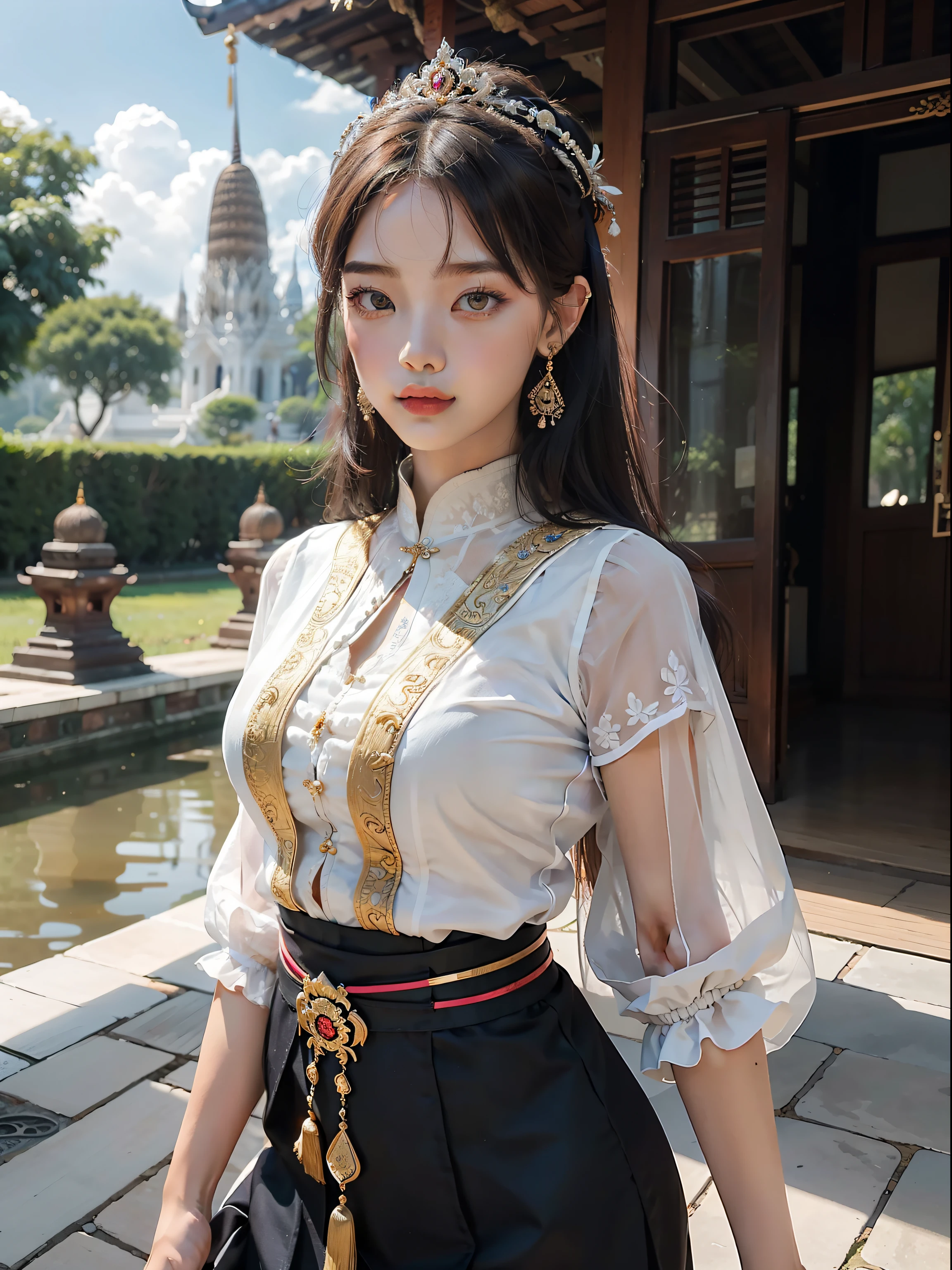 Lisa from Blackpink, a stunning girl exuding elegance and charm, Photo Back. She is dressed in a traditional Thai-inspired outfit with a modern twist. She wears a woman's short-sleeved top, infused with vibrant colors and intricate patterns reminiscent of Applied Thai Traditional style. The focal point of her attire is a navy blue sarong made of 'Pha Fai Mok Khon Yom Karam,' a handwoven silk fabric known for its clay dyeing technique and captivating designs. The backdrop of the image is set against the majestic and serene ambiance of Wat Yai Chai Mong Khon, a renowned temple located in Ayutthaya, Thailand. The temple grounds feature intricate architectural details, including ornate spires and intricate carvings, showcasing the rich cultural heritage of the region. The lighting in the scene accentuates the beauty of Lisa, casting a soft glow on her features and highlighting the vibrant colors of her ensemble. The composition captures her poise and grace, with Lisa standing confidently amidst the ancient temple grounds, symbolizing the harmonious blend of tradition and modernity. The overall atmosphere radiates a sense of timeless beauty and cultural appreciation, celebrating both Lisa's individuality and the captivating allure of Thai traditions, visually striking and evocative representation that showcases the fusion of Lisa's beauty, traditional Thai fashion, and the enchanting backdrop of Wat Yai Chai Mong Khon, Ayutthaya.