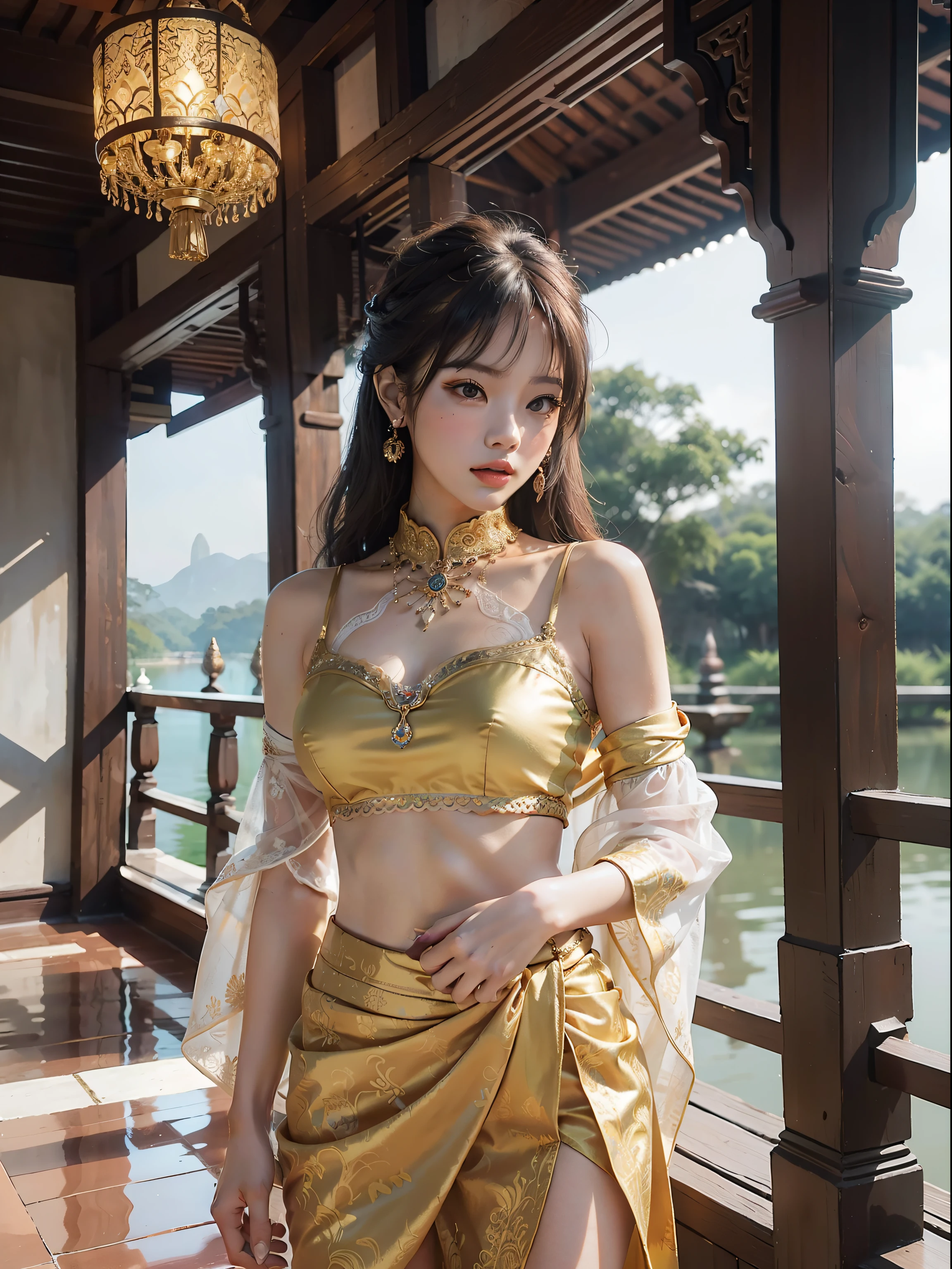 Lisa from Blackpink, a stunning girl exuding elegance and charm. She is dressed in a traditional Thai-inspired outfit with a modern twist. She wears a woman's short-sleeved top, infused with vibrant colors and intricate patterns reminiscent of Applied Thai Traditional style. The focal point of her attire is a sarong made of 'Pha Fai Mok Khon Yom Karam,' a handwoven silk fabric known for its clay dyeing technique and captivating designs.

The backdrop of the image is set against the majestic and serene ambiance of Wat Yai Chai Mong Khon, a renowned temple located in Ayutthaya, Thailand. The temple grounds feature intricate architectural details, including ornate spires and intricate carvings, showcasing the rich cultural heritage of the region.

The lighting in the scene accentuates the beauty of Lisa, casting a soft glow on her features and highlighting the vibrant colors of her ensemble. The composition captures her poise and grace, with Lisa standing confidently amidst the ancient temple grounds, symbolizing the harmonious blend of tradition and modernity.

The overall atmosphere radiates a sense of timeless beauty and cultural appreciation, celebrating both Lisa's individuality and the captivating allure of Thai traditions. The AI should aim to create a visually striking and evocative representation that showcases the fusion of Lisa's beauty, traditional Thai fashion, and the enchanting backdrop of Wat Yai Chai Mong Khon.