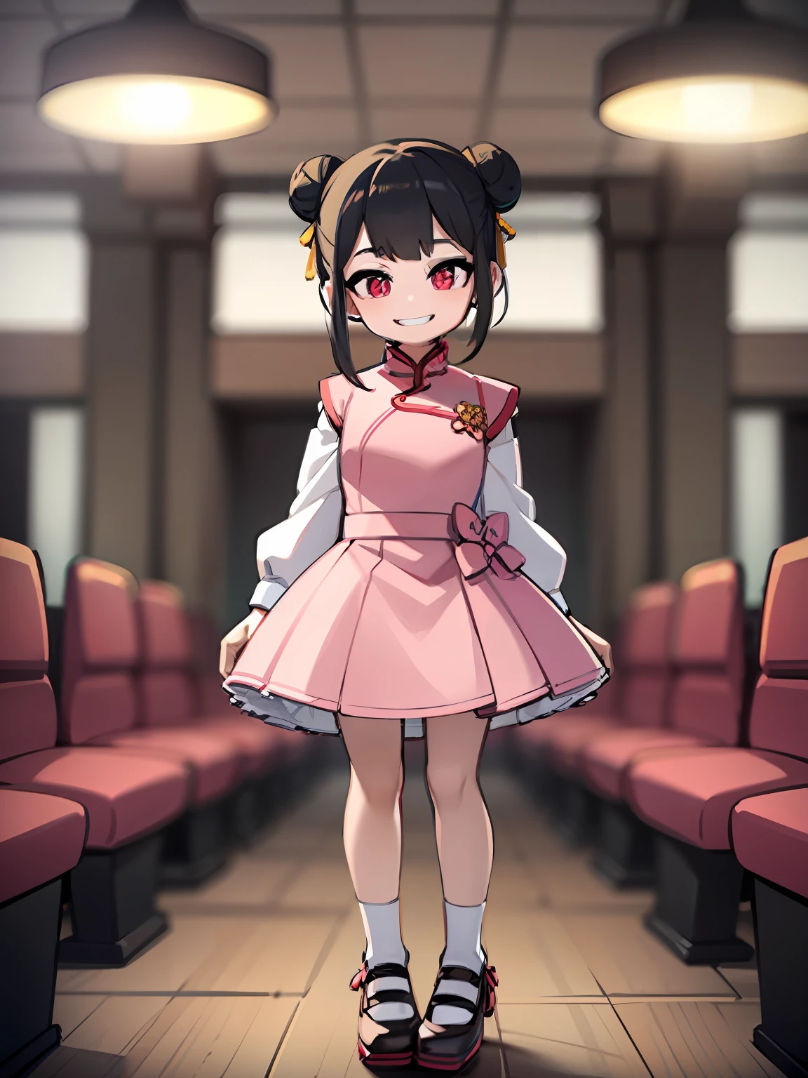 Little Girl, Young Girl, Very Young, Double Bun, Pink Dress, Chinese Dress, Black Pantyhose, Open Eyes, Round Little Face, Smile, Gritted Teeth, Black Hair, White Background, No Scene, Standing, Facing the Audience, Panorama Photo, Alone, Shoes Exposed, White View,