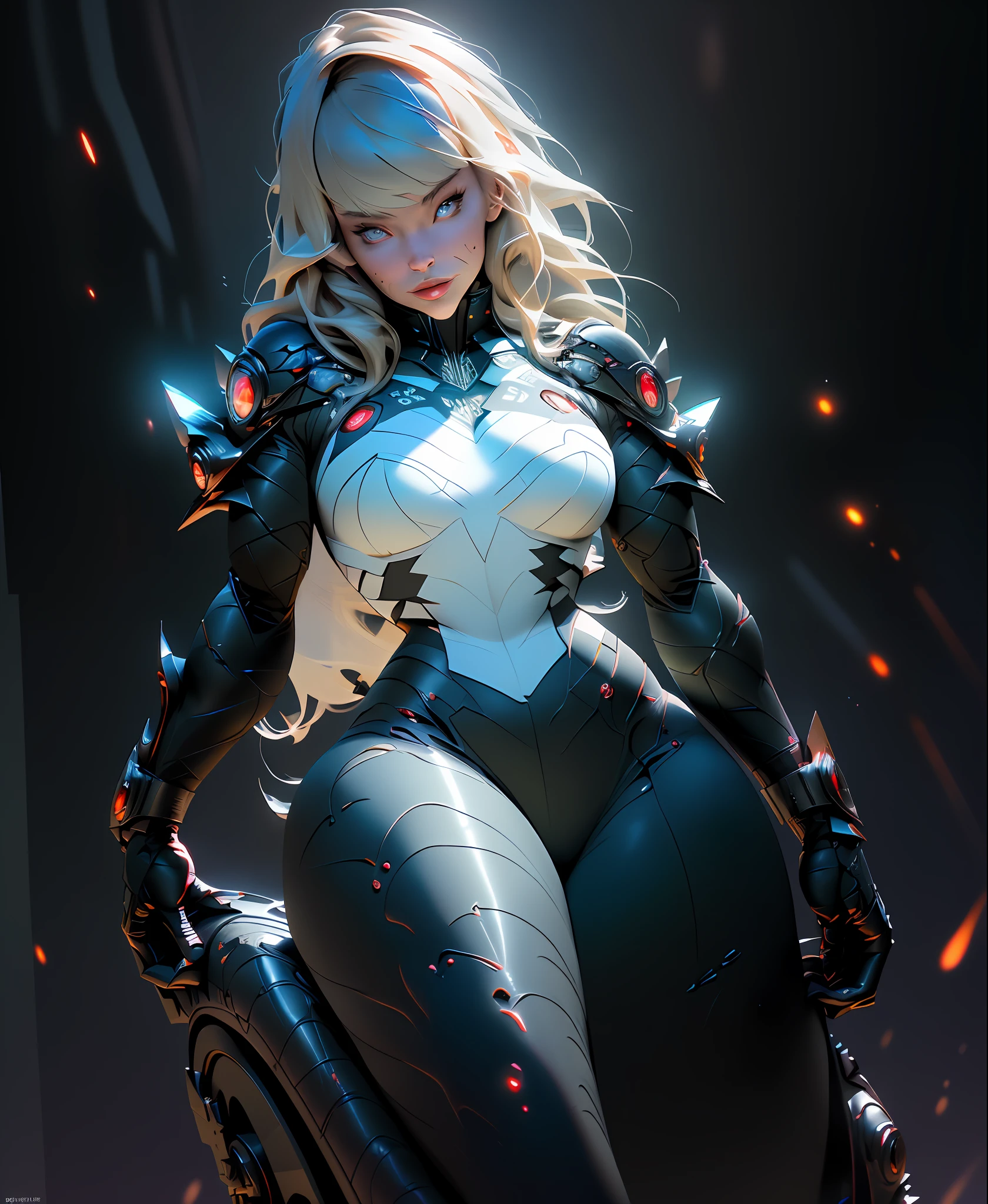 ((Best quality)), ((masterpiece)), (detailed: 1.4), full body woman fitness defined, half thick naked thighs, muscular body parts covered by black, red sticky clothing and symbiote fathom, spawn, ((large breasts)), (((clothing and white)), full body, pastel, long blonde hair with a bangs covering one eye, short underwear, garter belt, by mucha, niji, close to real,  best quality, almost naked, psychopathic, crazy face, action pose, sexy pose, starry night background with big nebula in the sky, pointed shoulder pads, red eyes without pupils, HDR (High Dynamic Range),Ray Tracing, NVIDIA RTX,Super-Resolution,Unreal 5,Subsurface dispersion, PBR texture, Post-processing, Anisotropic filtering, Depth of field, Maximum clarity and sharpness, Multilayer textures, Albedo and specular maps,  Surface Shading, Accurate Simulation of Light-Material Interaction, Perfect Proportions, Octane Render, Two-Tone Lighting, Wide Aperture, Low ISO, White Balance, Rule of Thirds, 8K RAW, Crysisnanosuit