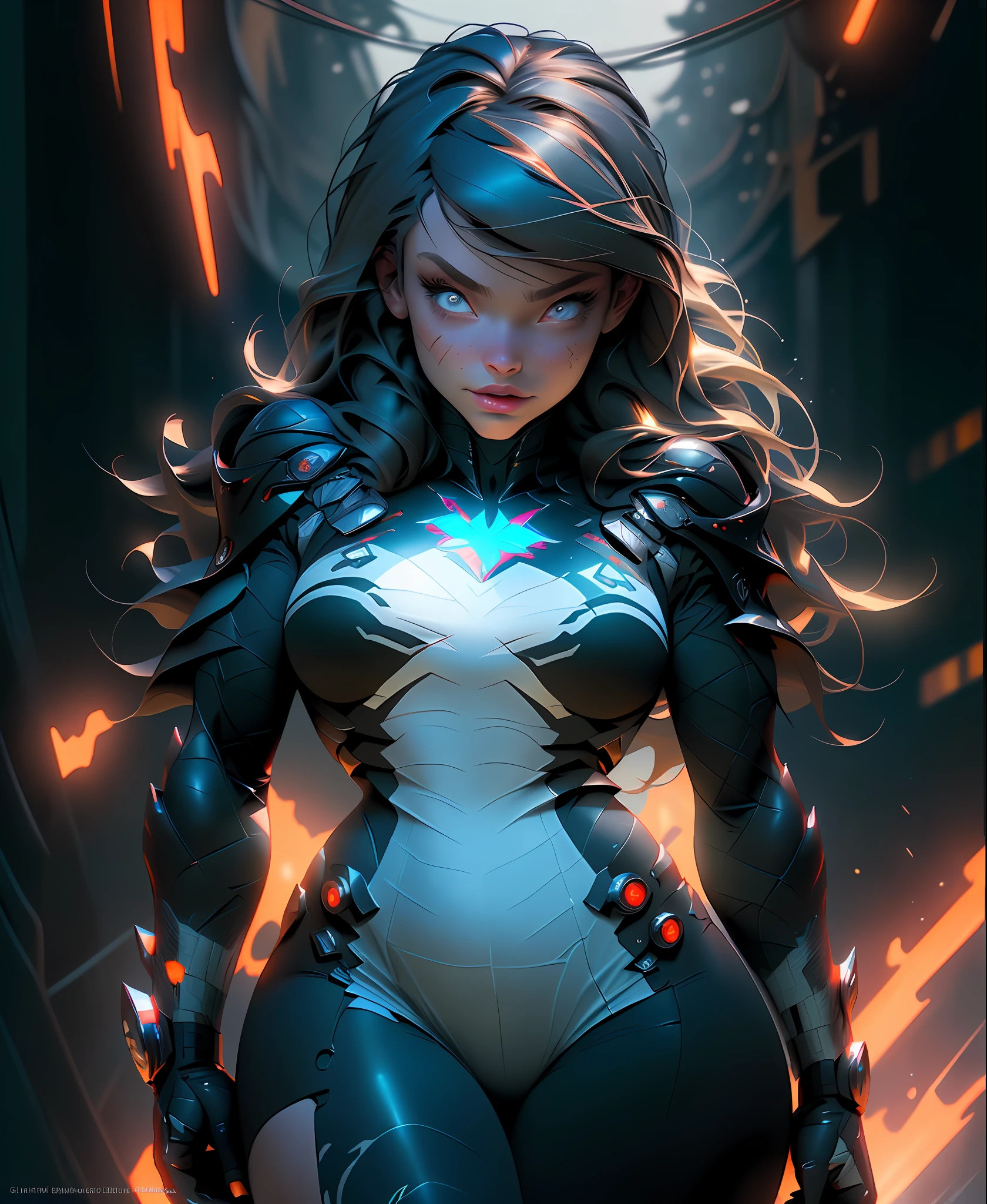 ((Best quality)), ((masterpiece)), (detailed: 1.4), full body woman fitness defined, half thick naked thighs, muscular body parts covered by black, red sticky clothing and symbiote fathom, spawn, ((large breasts)), (((clothing and white)), full body, pastel, long blonde hair with a bangs covering one eye, short underwear, garter belt, by mucha, niji, close to real, best quality, almost naked, psychopathic, crazy face, action pose, sexy pose, starry night background with big nebula in the sky, pointed shoulder pads, red eyes without pupils, HDR (High Dynamic Range),Ray Tracing, NVIDIA RTX,Super-Resolution,Unreal 5,Subsurface dispersion, PBR texture, Post-processing, Anisotropic filtering, Depth of field, Maximum clarity and sharpness, Multilayer textures, Albedo and specular maps, Surface Shading, Accurate Simulation of Light-Material Interaction, Perfect Proportions, Octane Render, Two-Tone Lighting, Wide Aperture, Low ISO, White Balance, Rule of Thirds, 8K RAW, Crysisnanosuit