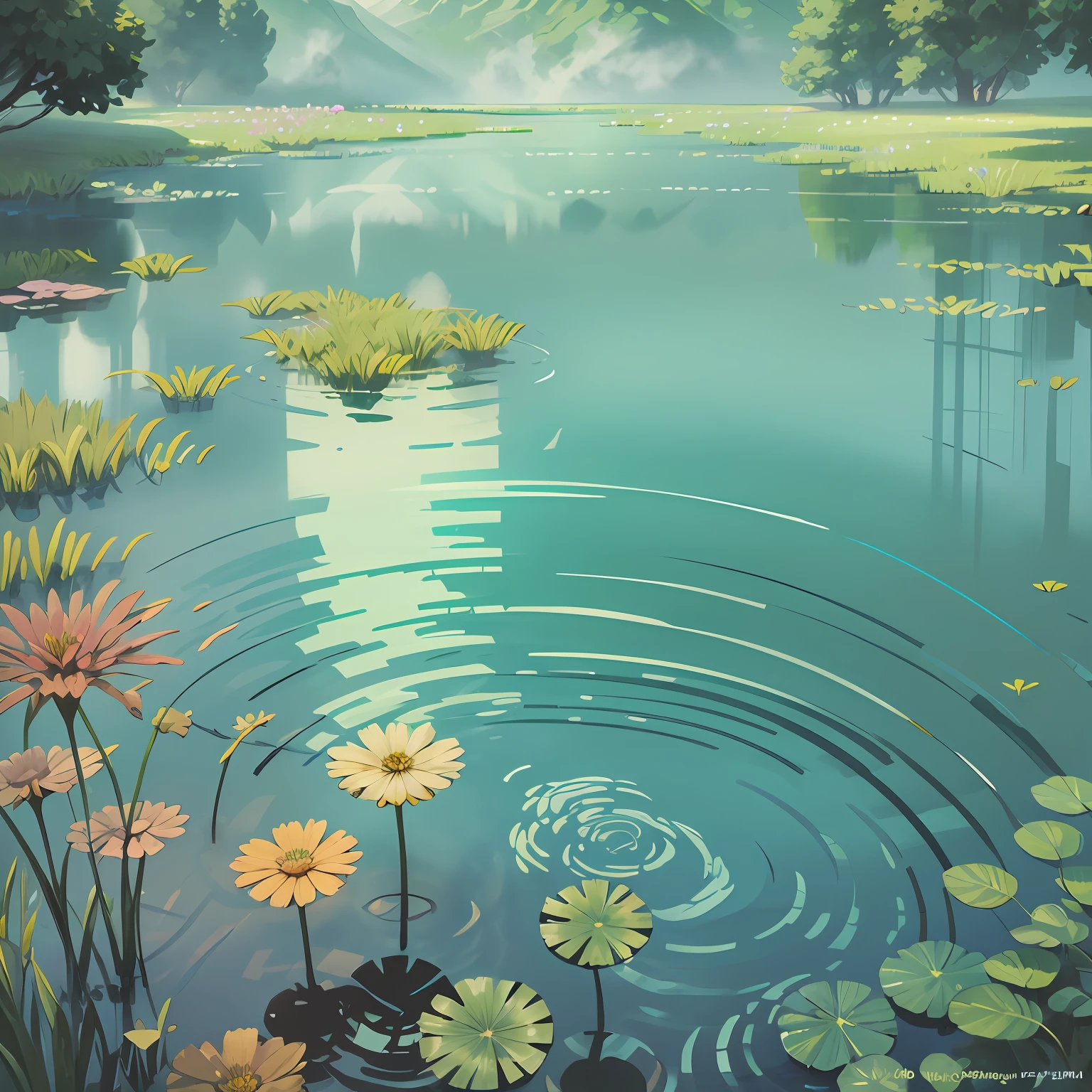 a pond colored in shades of light blue and light green drawn on a sheet of paper , Drawing on paper --auto --s2