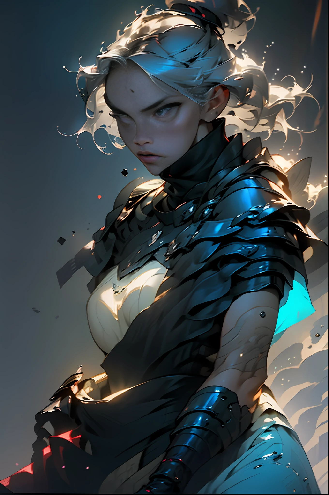 Photo of a hot aunt , highlighted gray hair , samurai shoulder armor, big boobs covered by bra , particle,wind ,flames ,backlighting,rim lighting,upper body,hot pose