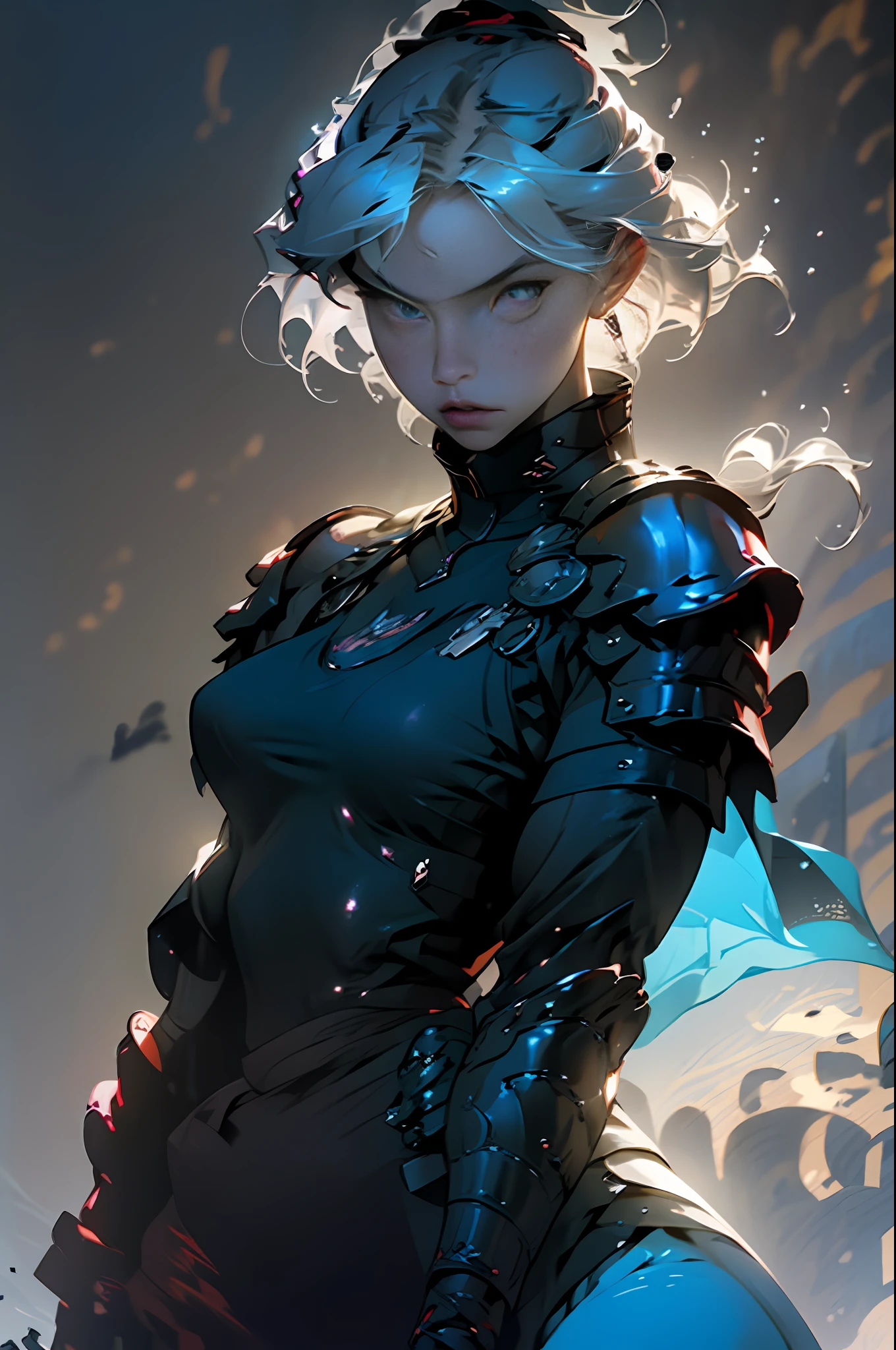 Photo of a hot aunt , highlighted gray hair , samurai shoulder armor, big boobs covered by bra , particle,wind ,flames ,backlighting,rim lighting,upper body,hot pose