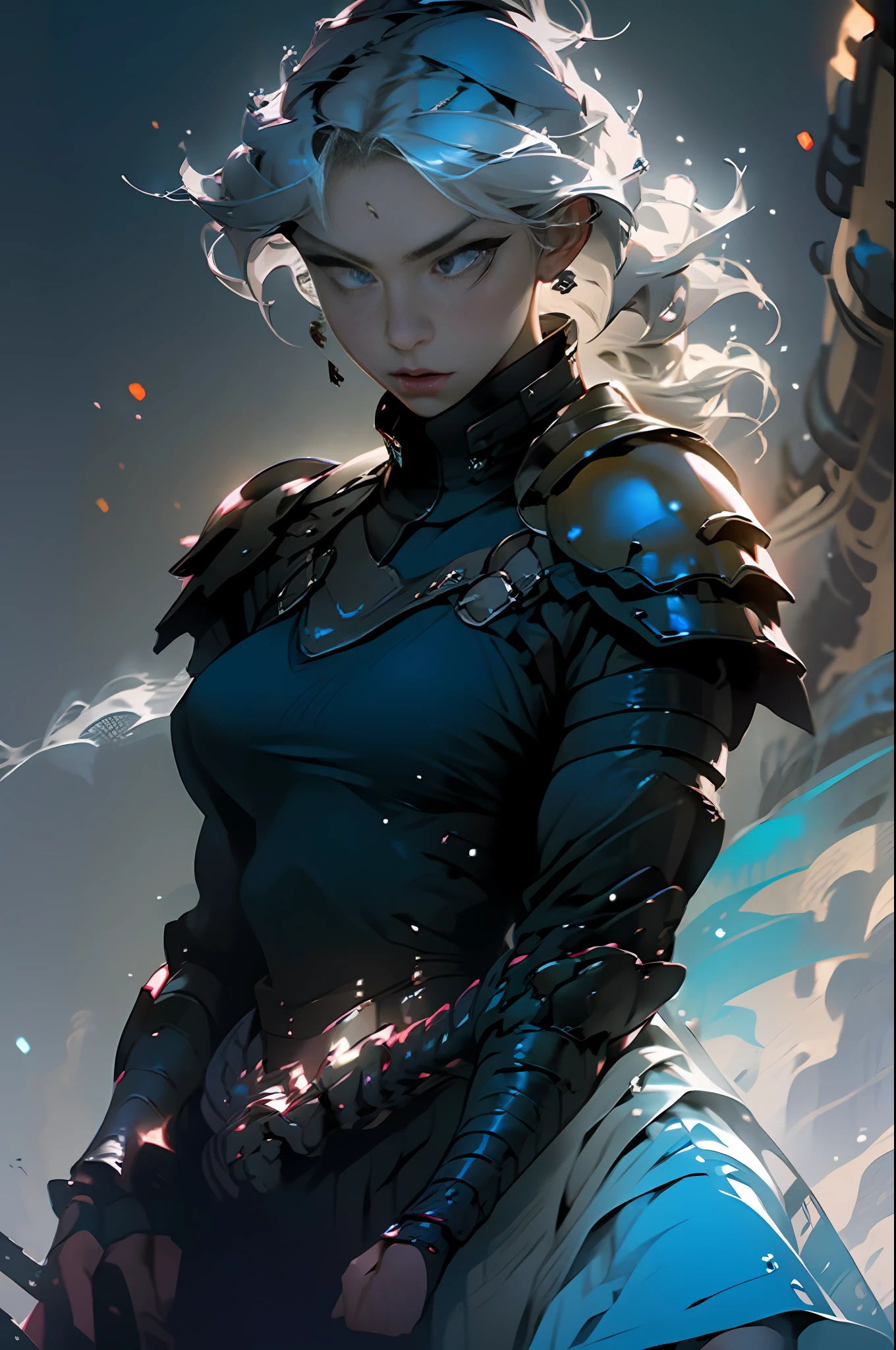Photo of a hot aunt , highlighted gray hair , samurai shoulder armor, big boobs covered by bra , particle,wind ,flames ,backlighting,rim lighting,upper body,hot pose