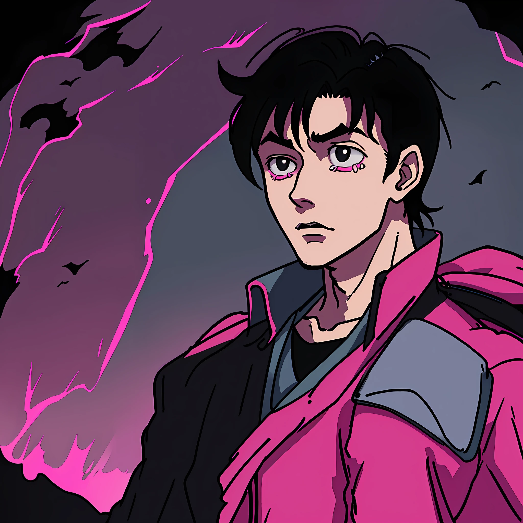 Handsome young man, black hair, crying blood, pink gothic scenery, vintage anime, 80's anime, old anime aesthetic, dark academy context, dark fantasy