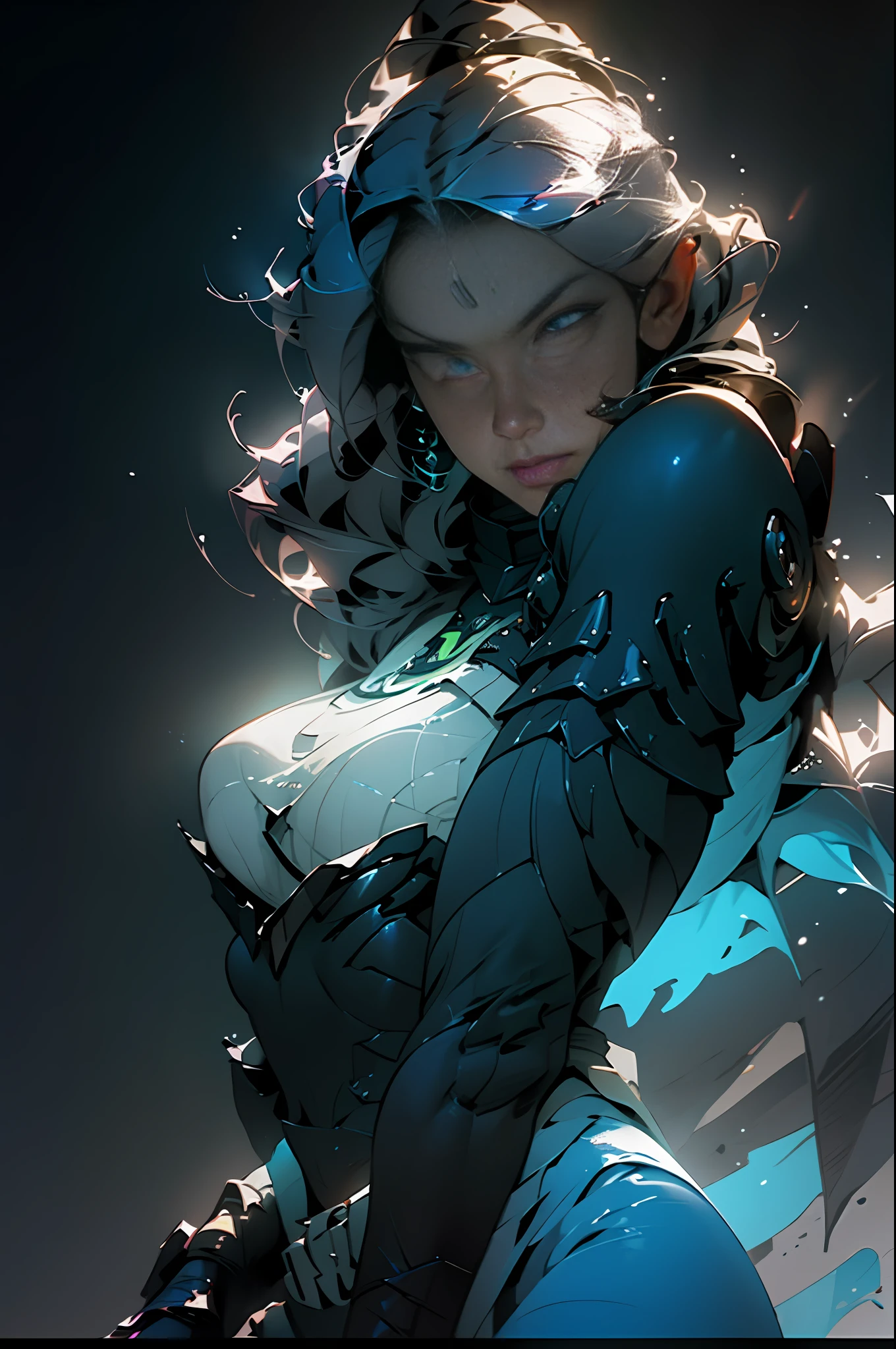((Best quality)), ((masterpiece)), (detailed: 1.4), Photo of a hot aunt, highlighted gray hair, samurai shoulder armor, large breasts covered by bra, particle, wind, flames, backlighting, rim lighting, upper body, hot pose, HDR (High Dynamic Range),Ray Tracing, NVIDIA RTX,Super-Resolution,Unreal 5,Subsurface dispersion, PBR texture, Post-processing, Anisotropic filtering, Depth of field, Maximum clarity and sharpness, Multilayer textures, Albedo and specular maps, Surface shading, Accurate simulation of light-material interaction, Perfect proportions, Octane Render, Two-tone lighting, Wide aperture, Low ISO, White balance, Rule of thirds, 8K RAW, crysisnanosuit