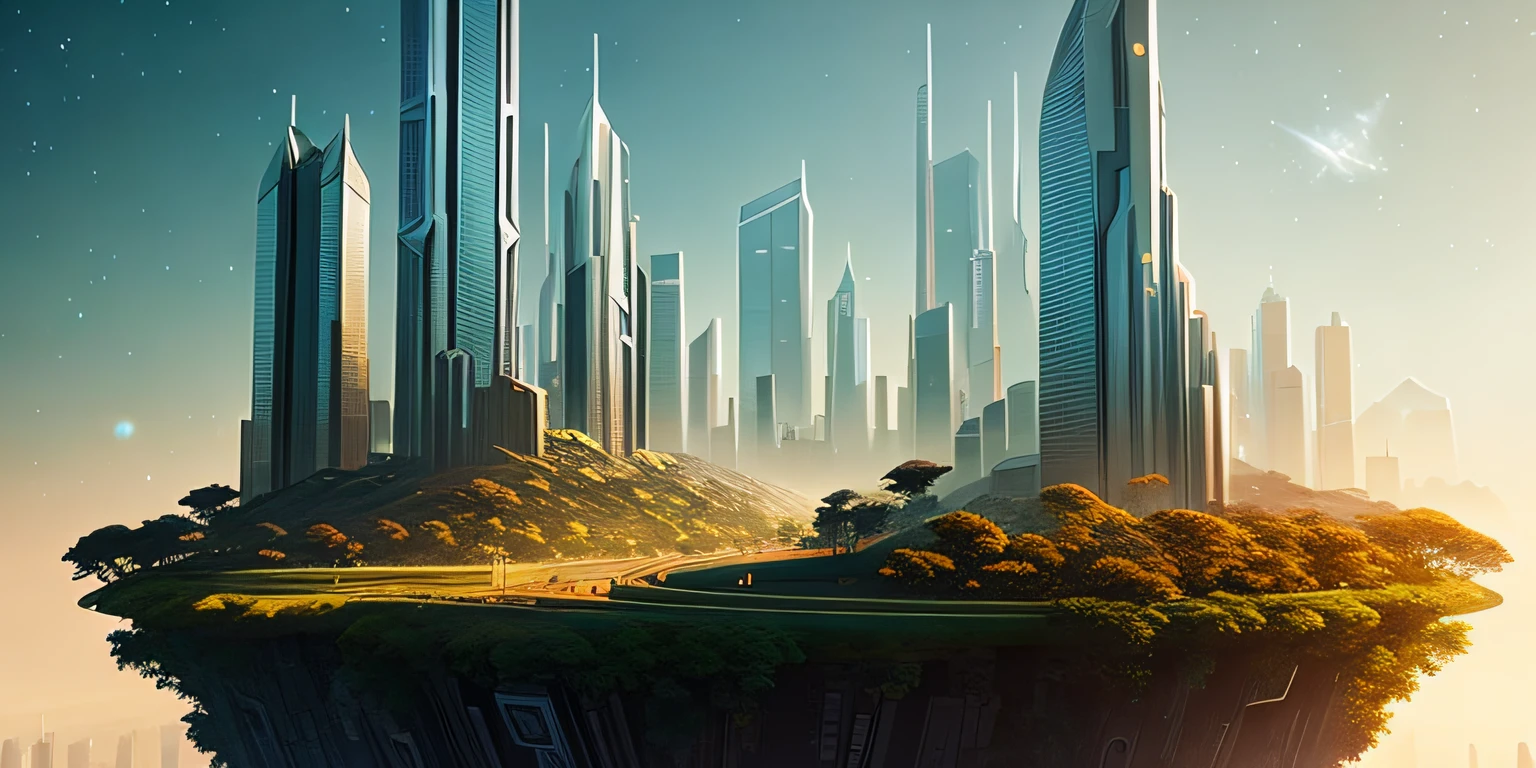 a beautiful landscape of an alien planet with a massive highly technological city with tall skyscrapers with a backdrop of stars and planets, digital illustration, (masterpiece), (high quality), best quality, high quality, extremely detailed CG unity 8k wallpaper, award winning photography, Bokeh, Depth of Field, HDR, bloom, Chromatic Aberration ,Photorealistic,extremely detailed, trending on artstation, trending on CGsociety, Intricate, High Detail, dramatic, art by midjourney