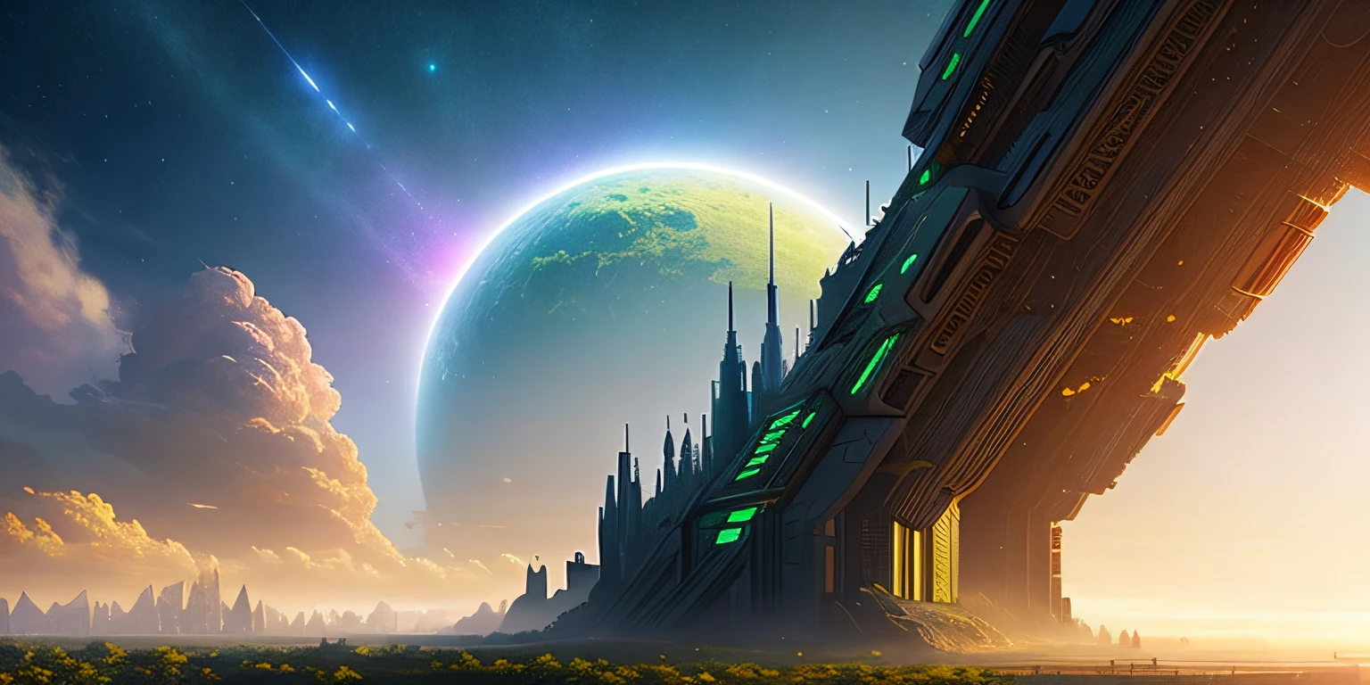 a beautiful landscape of an alien planet with a massive highly technological city with tall skyscrapers with a backdrop of stars and planets, digital illustration, (masterpiece), (high quality), best quality, high quality, extremely detailed CG unity 8k wallpaper, award winning photography, Bokeh, Depth of Field, HDR, bloom, Chromatic Aberration ,Photorealistic,extremely detailed, trending on artstation, trending on CGsociety, Intricate, High Detail, dramatic, art by midjourney