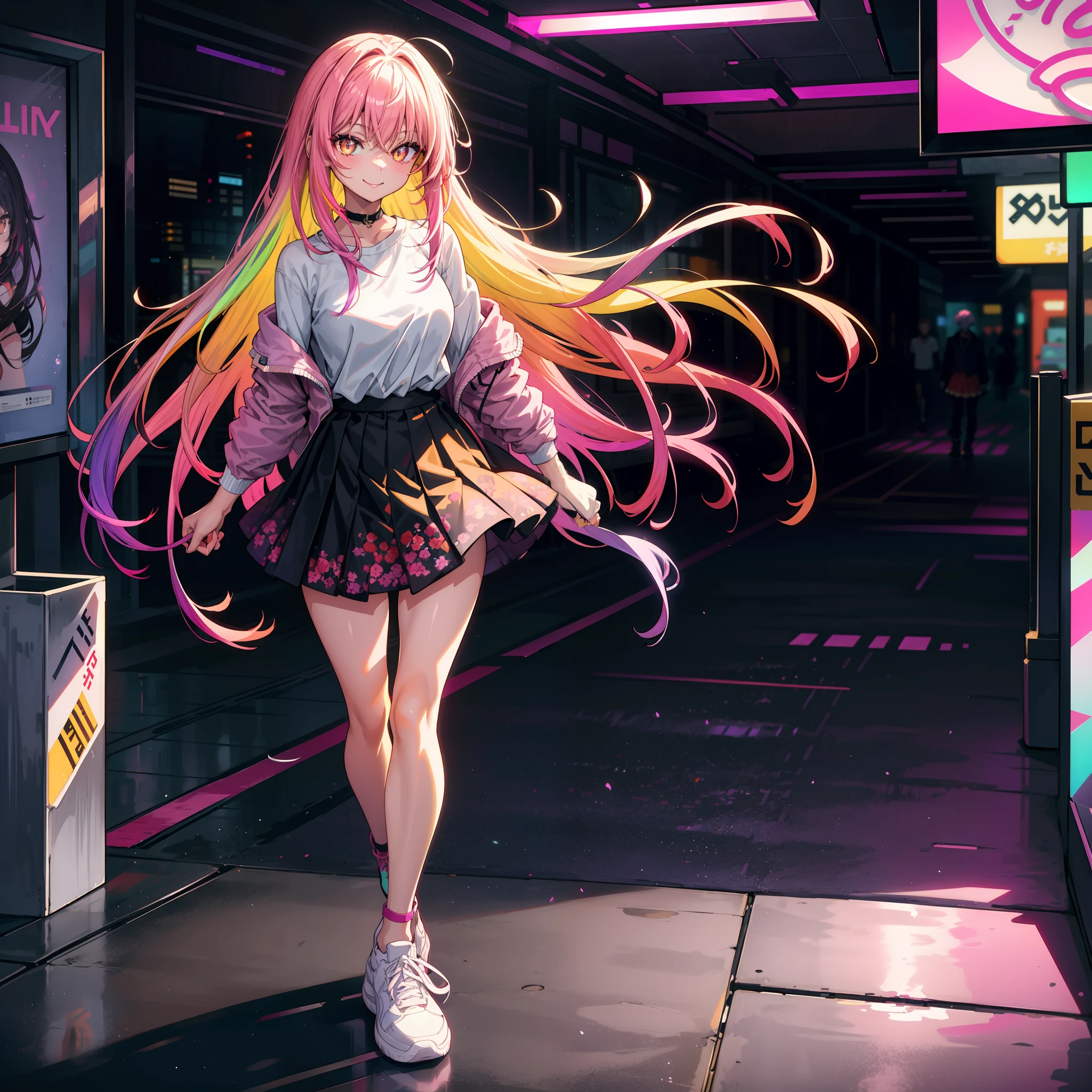 (best quality: 1.4), anime, solo, A girl in the mall, bright violet hair, open jacket, white printed shirt, neon lighting, smiling, extremely long hair, gradient golden eyes, multicolored skirt, pantyhose only on one leg, sneakers with untied shoelaces, light beams of various colors, flower vases