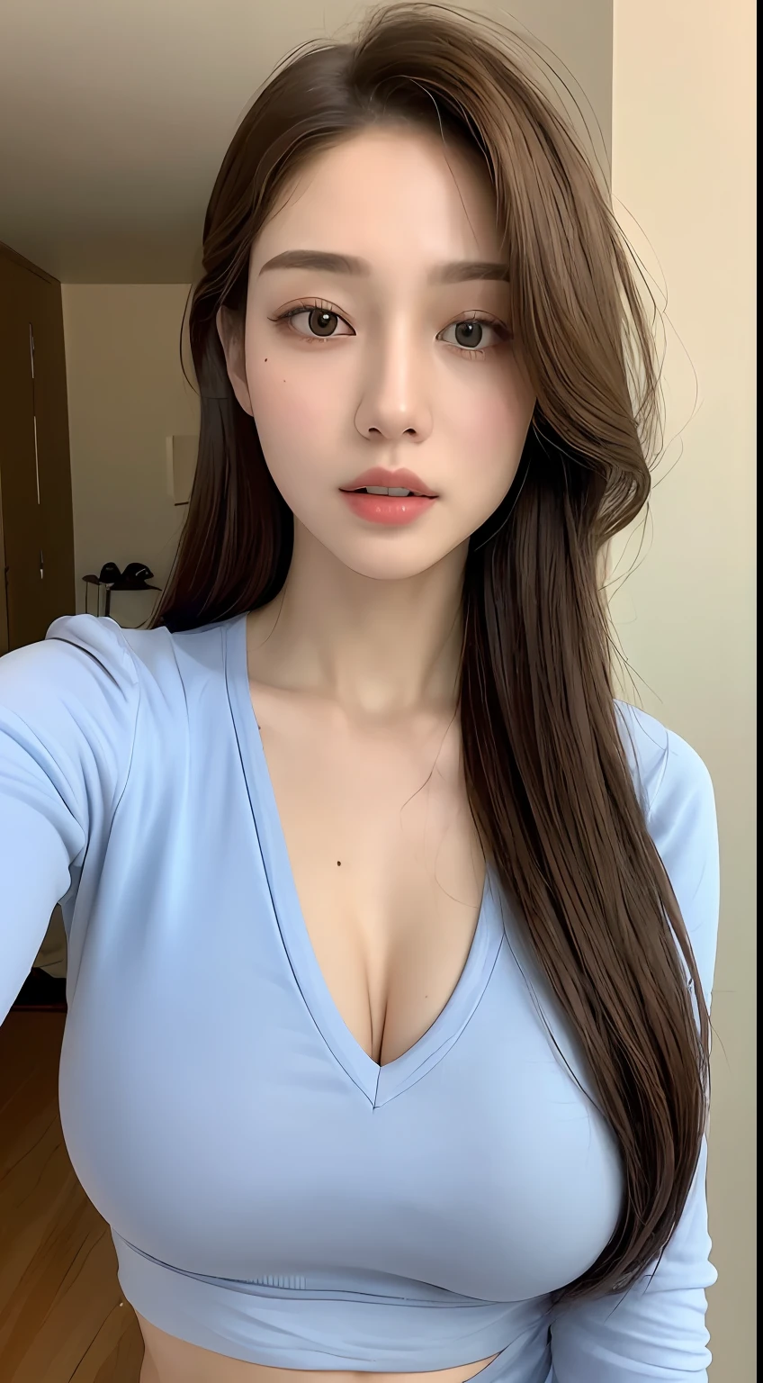 ((Best quality, 8k, Masterpiece :1.3)), 1girl, Pretty woman with emphasizing slender abs :1.3, (random hairstyles, Huge breasts :1.2), Casual outfit :1.2, Indoor, Ultra-detailed face, Detailed eyes, Double eyelid