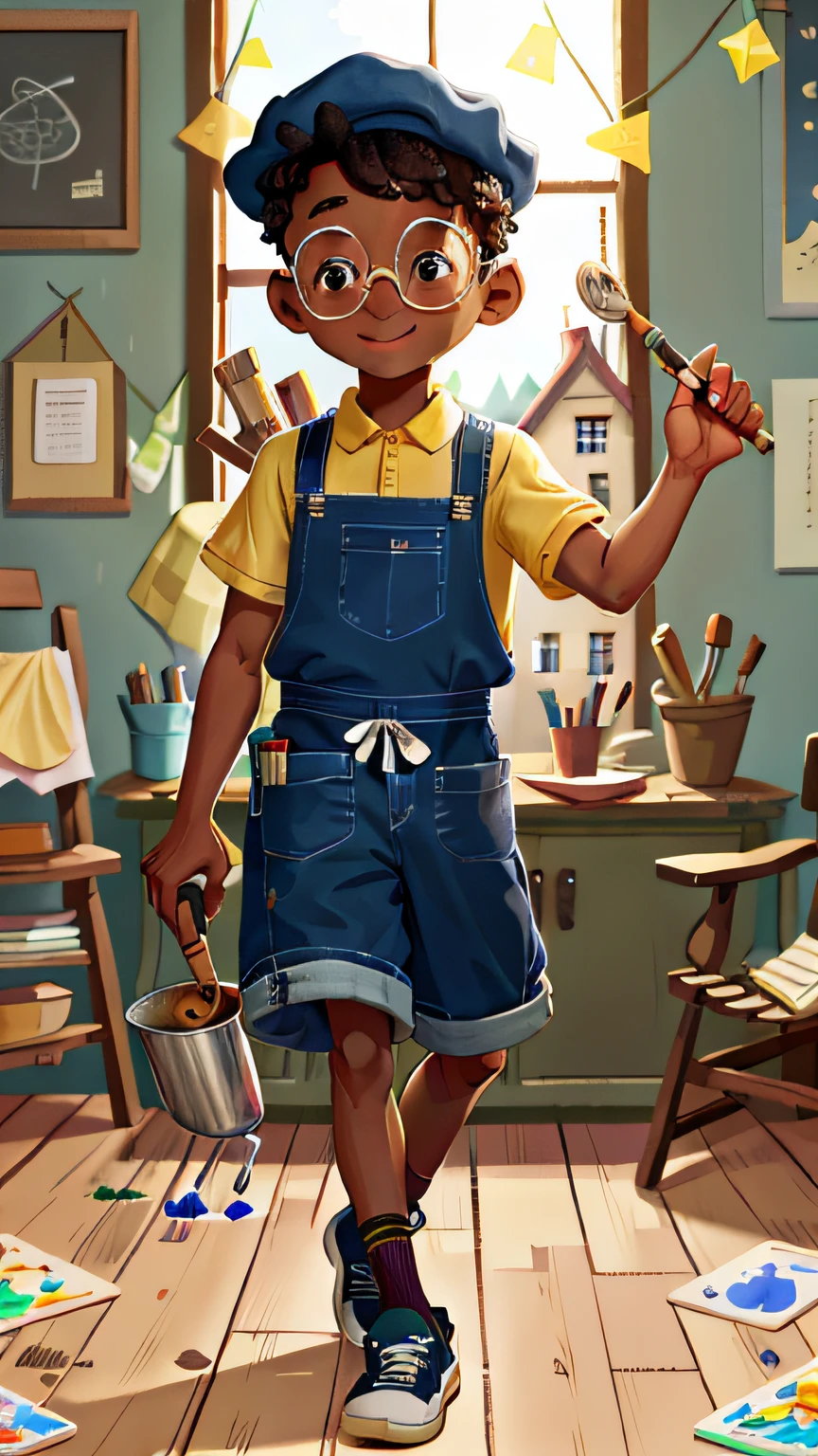 A black boy, round glasses, apron, painter, cap, painting, happy, perfect quality, clear focus (clutter - house: 0.8), (masterpiece: 1.2) (realistic: 1.2)(best quality) (detailed skin: 1.3) (intricate details) (8K) (detail eyes) (sharp focus), full body, character concept.