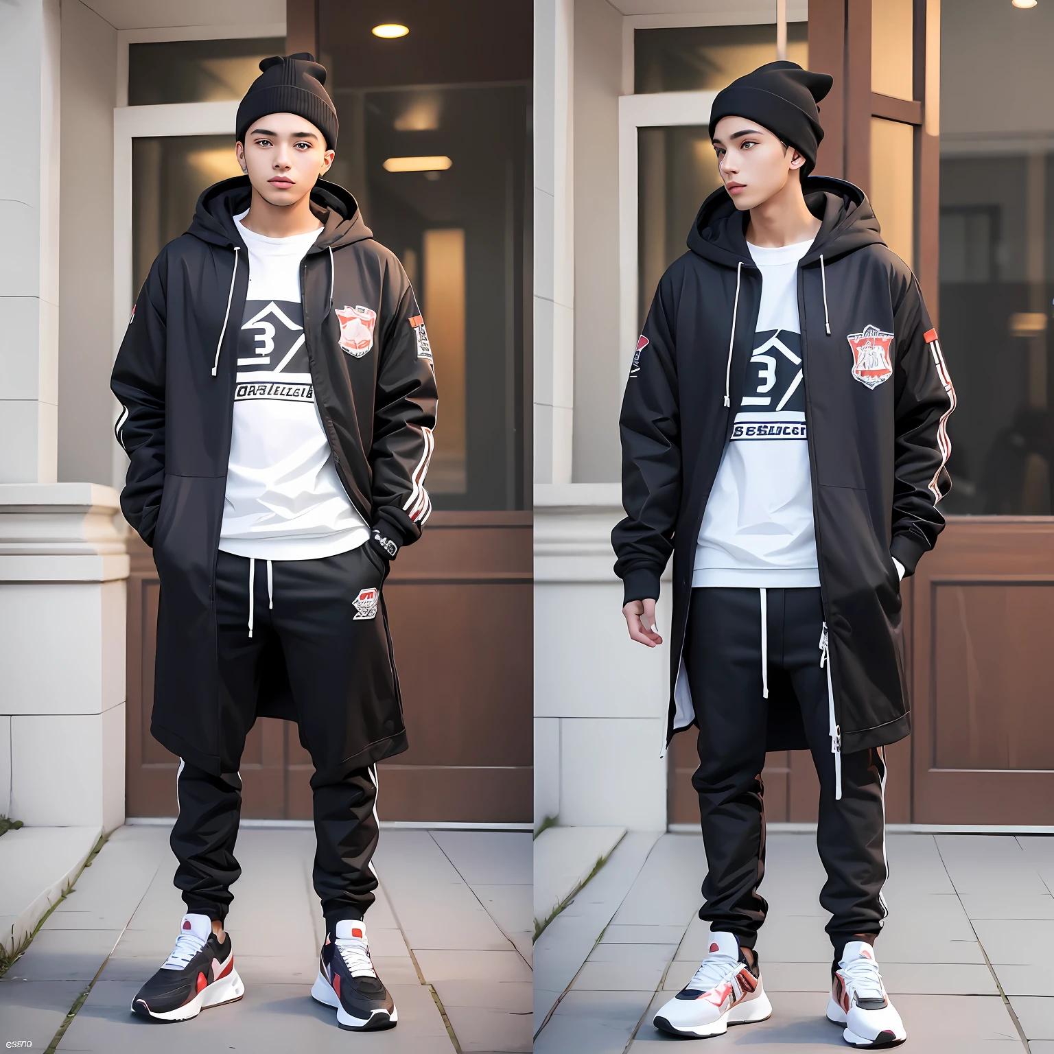 "(23-year-old young man in high quality and resolution, full body) wearing an ultra-realistic streetwear:1.2 with a hooded blouse and a wool cap."