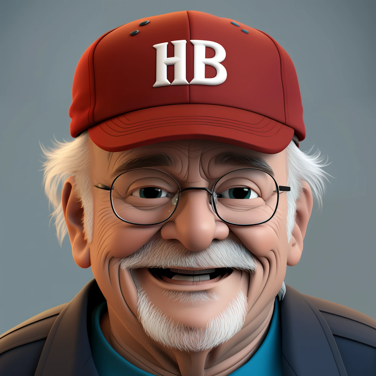 A happy grandpa, portrait, wearing cap, no background, cartoon, pixar style, 3d, looking at the camera, cartoons, detailed face, asymmetrical, upper body