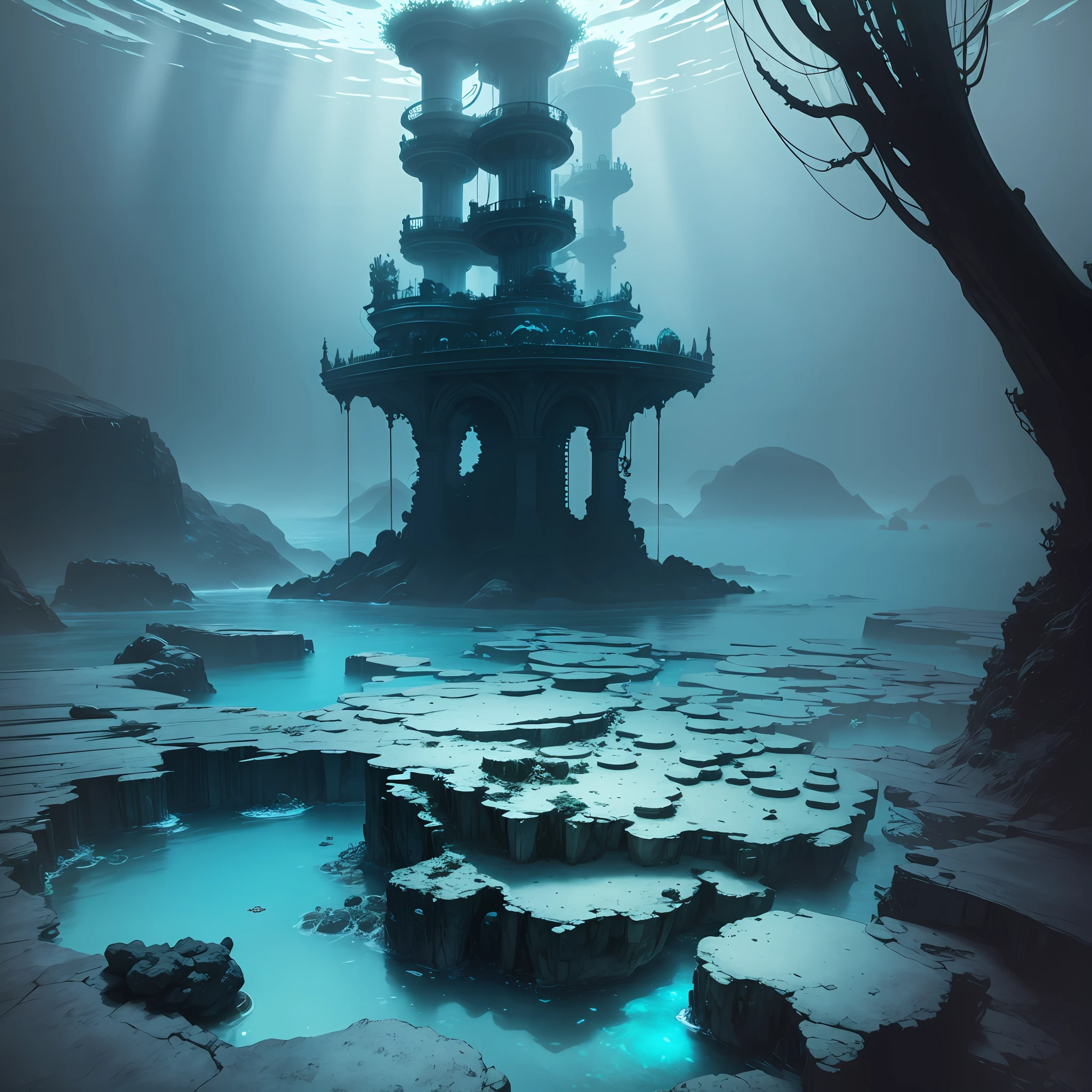 Submerged Atlantis, Biomechanical structures beneath the ocean, eerie luminescence, lovecraftian