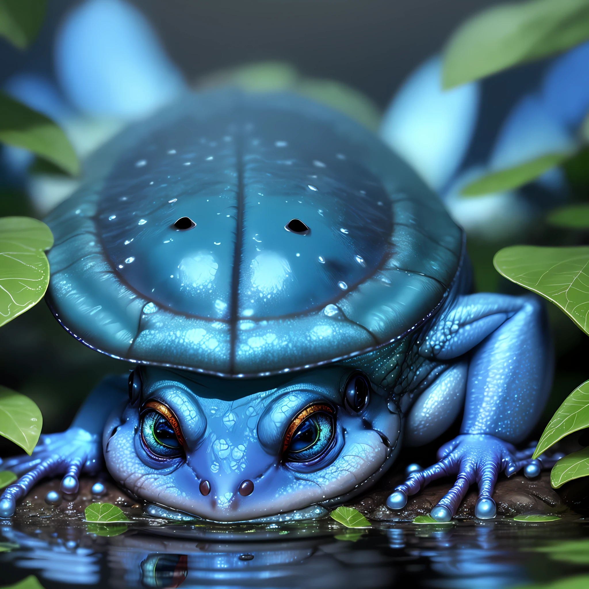 Blue frog, humid environment, various details, reflection, vivid colors, cinematic focus, 8k quality