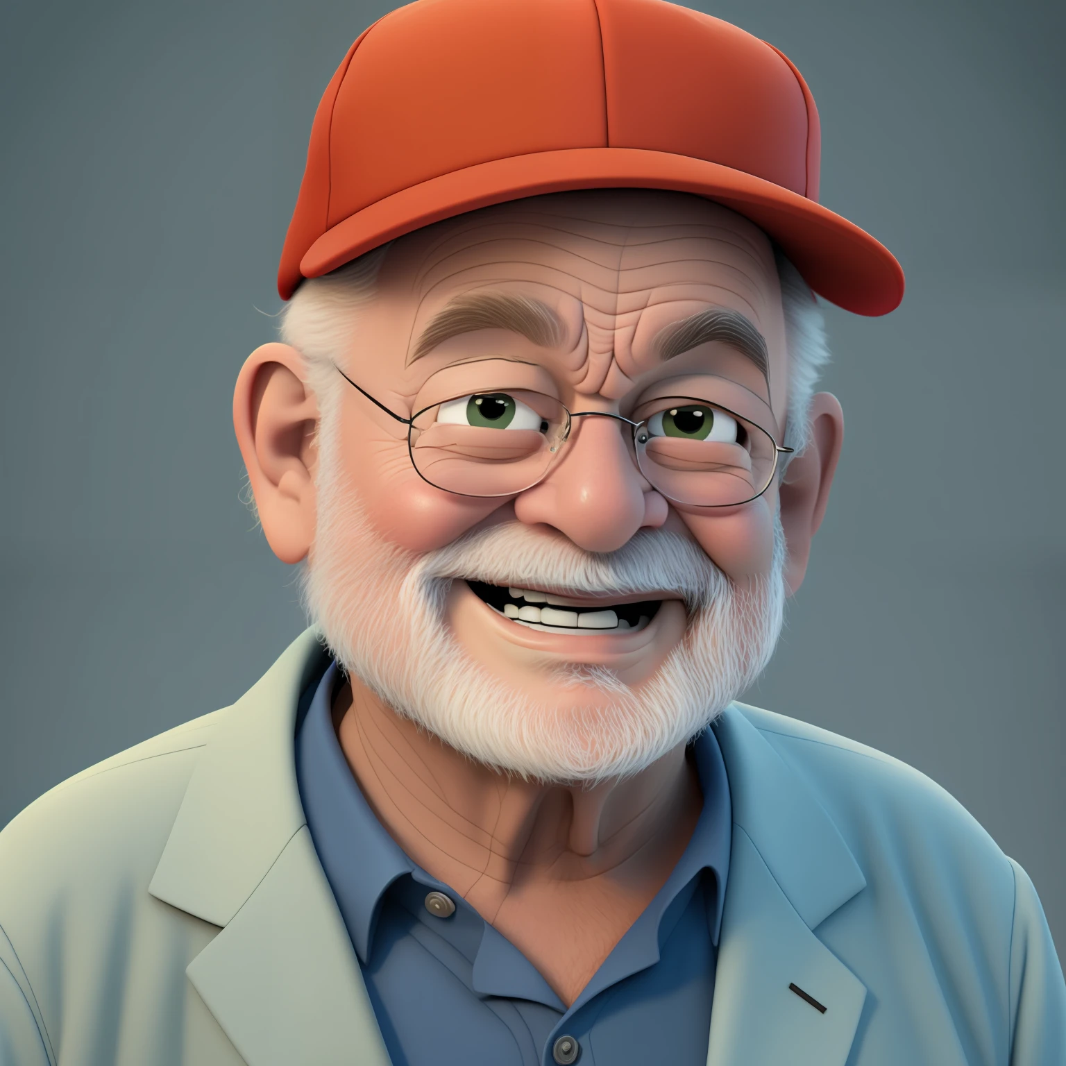A happy grandpa, portrait, wearing cap, no background, cartoon, pixar style, 3d, looking at the camera, cartoons, detailed face, asymmetrical, upper body