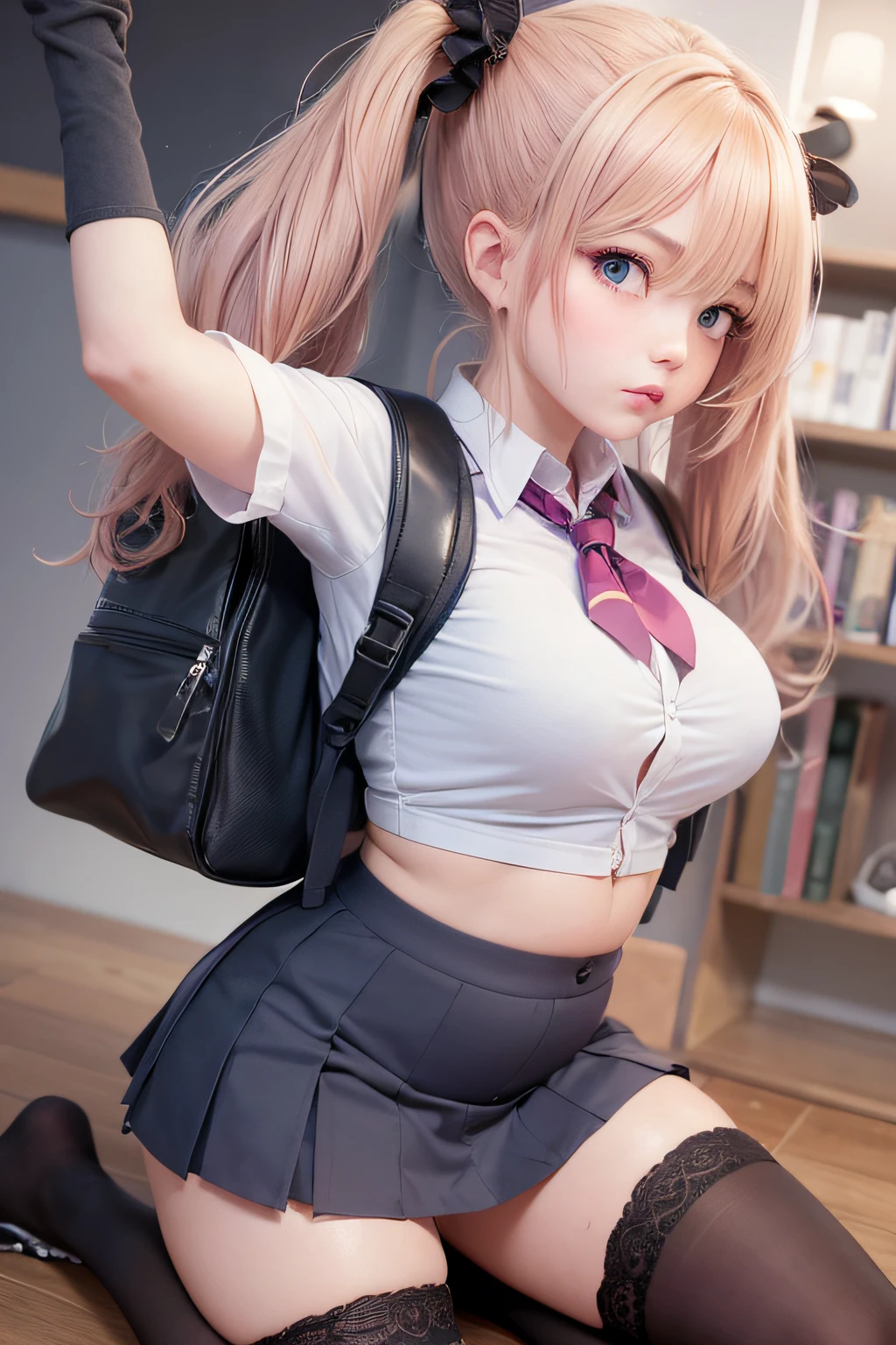 akizuki airi. oni chichi, masterpiece, best quality, super detailed, illustration, flat color, depth of field, 

1 girl, young, anime, park, fell, kneeling, trying to get up, blonde, twintails, red pleated mini skirt, wet white button-down shirt, school uniform, serafuku, blue tie, no bra, black tights, small backpack, detailed skin texture, detailed fabric texture, beautiful detailed face, big breasts, blue eyes, pregnant, tired, pink panties, translucent, resentful