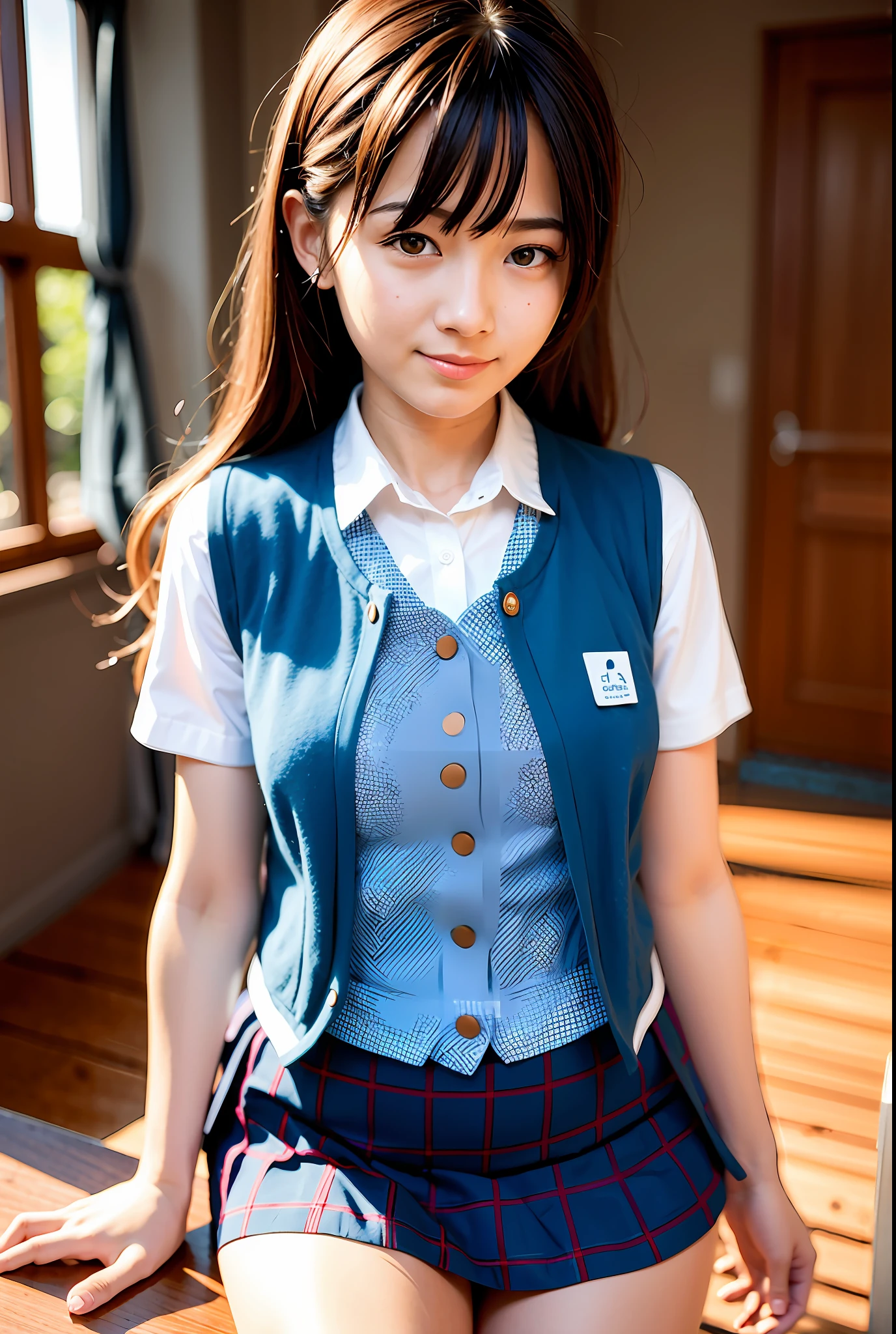(((medium hair))), best quality, 8K, HDR, highres, absurdres:1.2, blurry background, bokeh:1.2, Photography, (RAW photo:1.2), (photorealistic:1.4), (masterpiece:1.3), (intricate details:1.2), 1girl, solo, japanese girl, delicate, beautiful detailed, (detailed eyes), (detailed facial features), petite, (((small breasts))), skin tight, (looking_at_viewer), from_front, (skinny), (best quality:1.4), (ultra highres:1.2), cinema light, (extreme detailed illustration), (lipgloss, best quality, ultra highres, depth of field, caustics, Broad lighting, natural shading, 85mm, f/1.4, ISO 200, 1/160s:0.75),1girl, solo, (((blue vest))) smile, ((school uniform, pleated skirt with checker pattern, classroom))