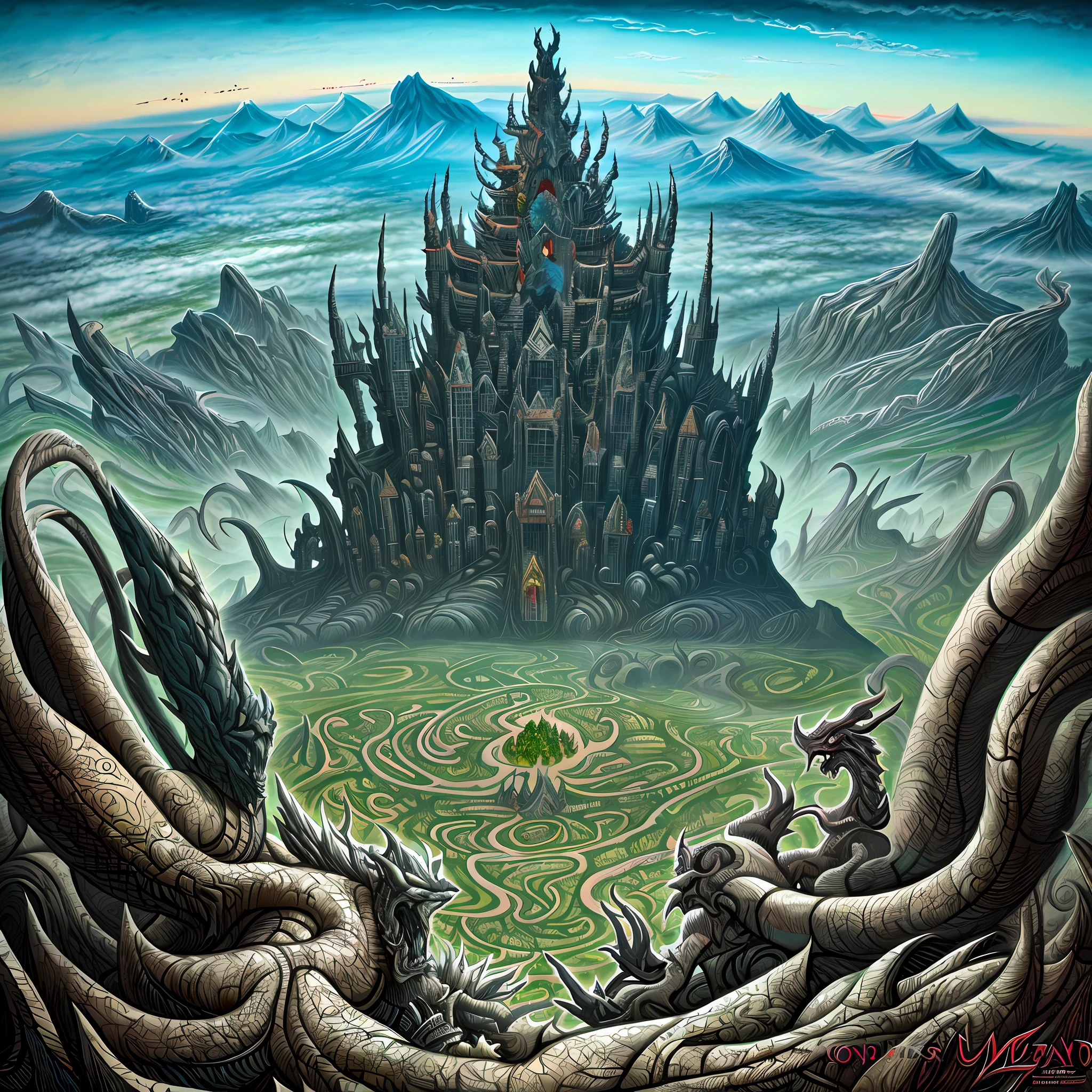 View from the top of the peak: Biomorphic landscape of madness with complex evil monuments and evil totems, a valley of monstrosity. Horror art, hyperdetailed, illustration, digital painting, color drawing, intricate details, overdetailed. Complex.